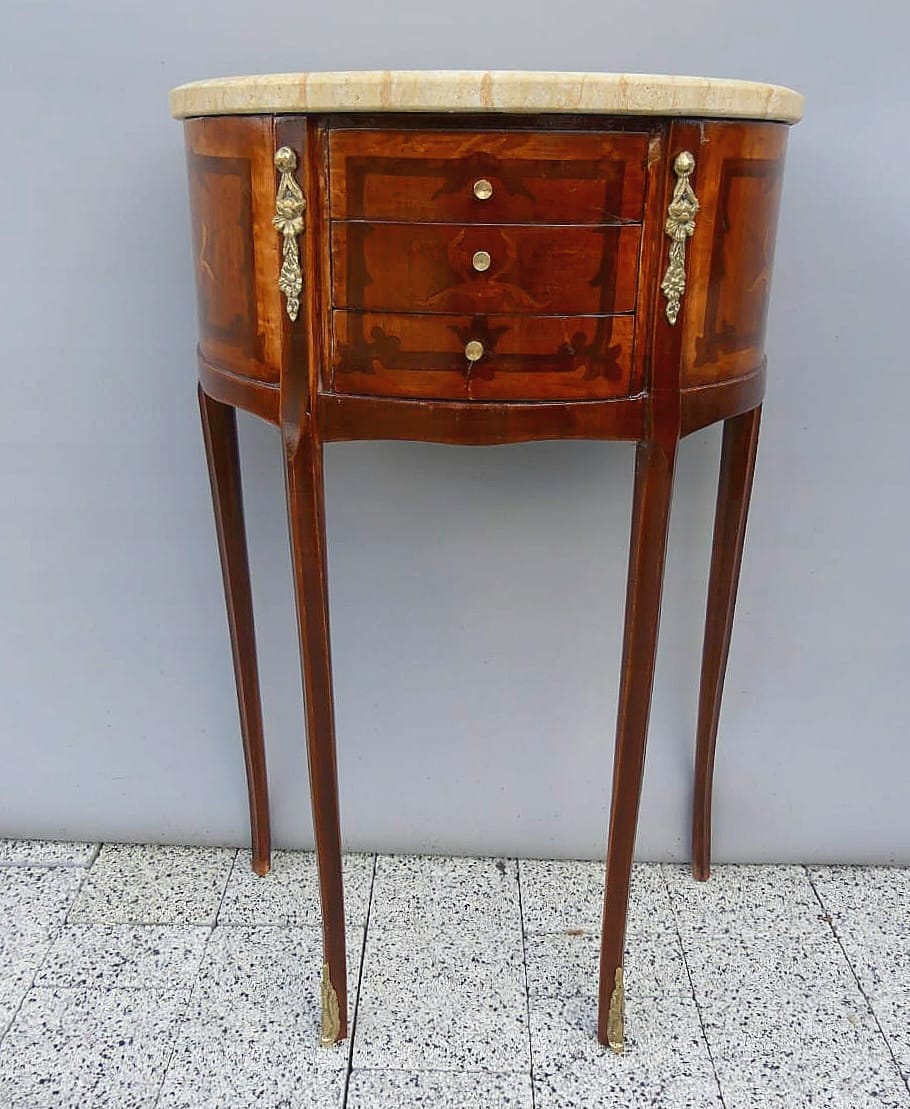 French Louis XVI Round Marble Top Side Table with 3 Drawers, Solid Wood & Hand-Gilded Gold Leaf Details