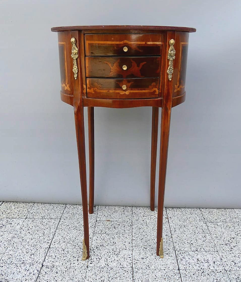 French Louis XVI Round Side Table with 3 Drawers, Handcrafted Wood & Gold Leaf Accents