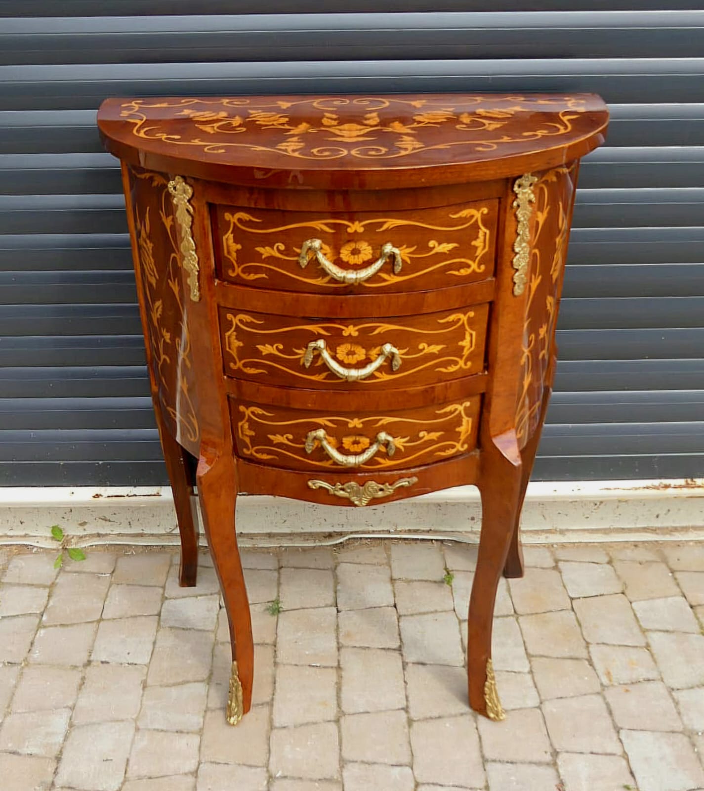 French Demi-Lune Side Table with Three Drawers, Floral Marquetry & Gold Leaf Details