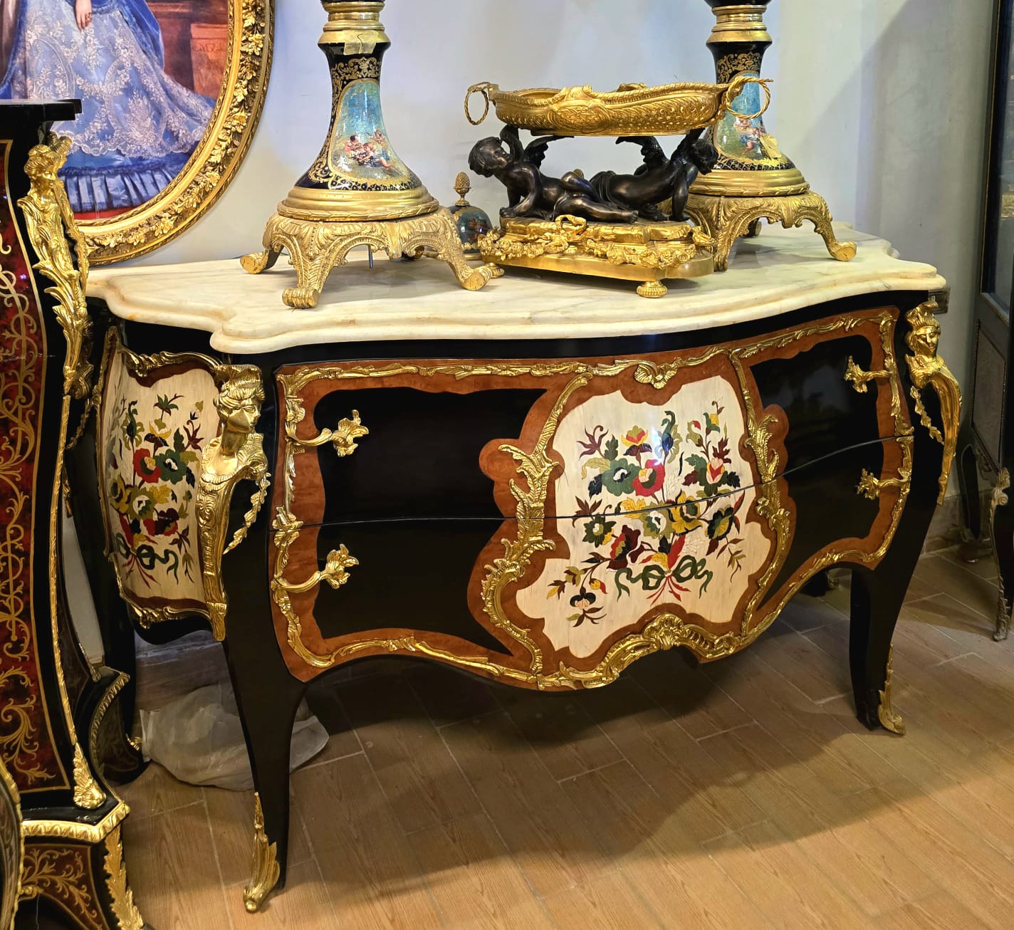 French Louis XV Floral Bombe Chest – Hand-Painted Marquetry, Marble Top & Gilded Details