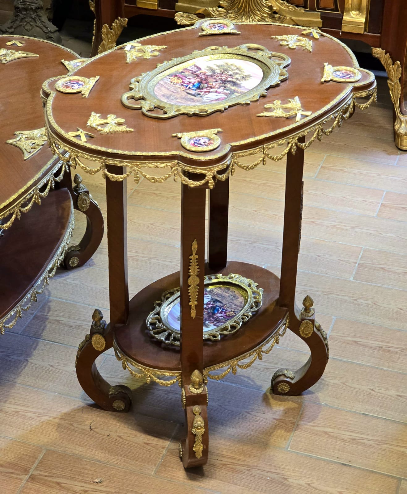 Rococo Revival Two-Tier Side Table with Floral Inlays & Hand-Gilded Gold Leaf Details