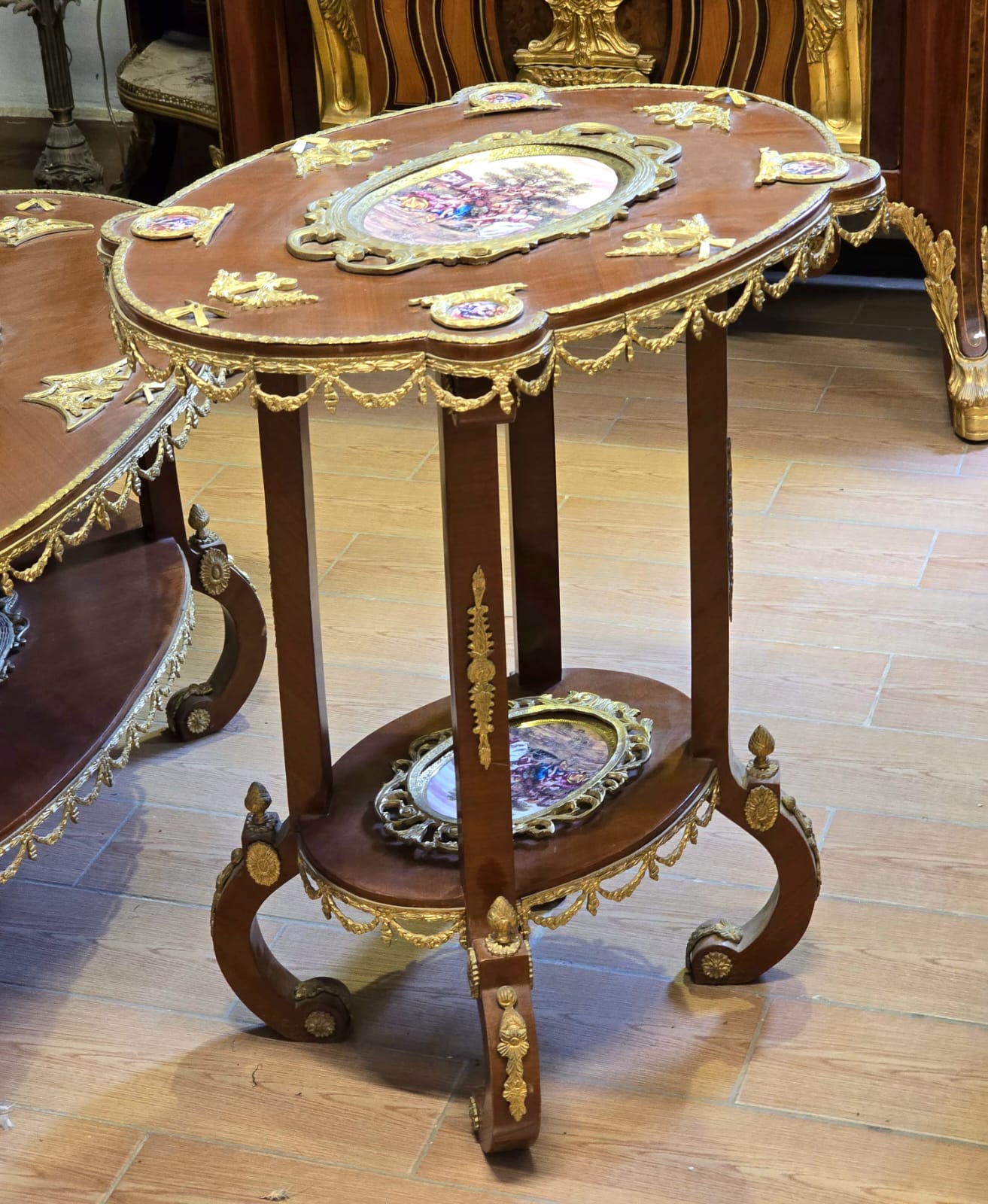 Rococo Revival Two-Tier Side Table with Floral Inlays & Hand-Gilded Gold Leaf Details