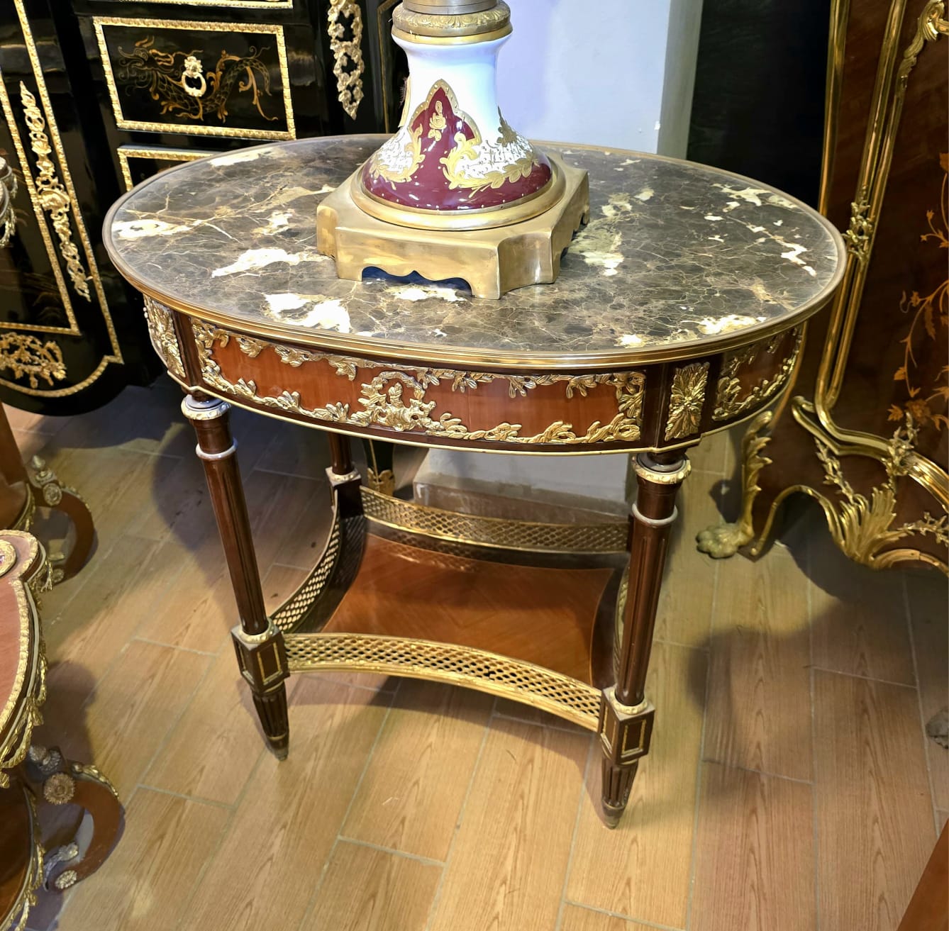 French Louis XVI Oval Coffee Table with Marble Top, Gilded Bronze Ormolu & Ornate Wood Details