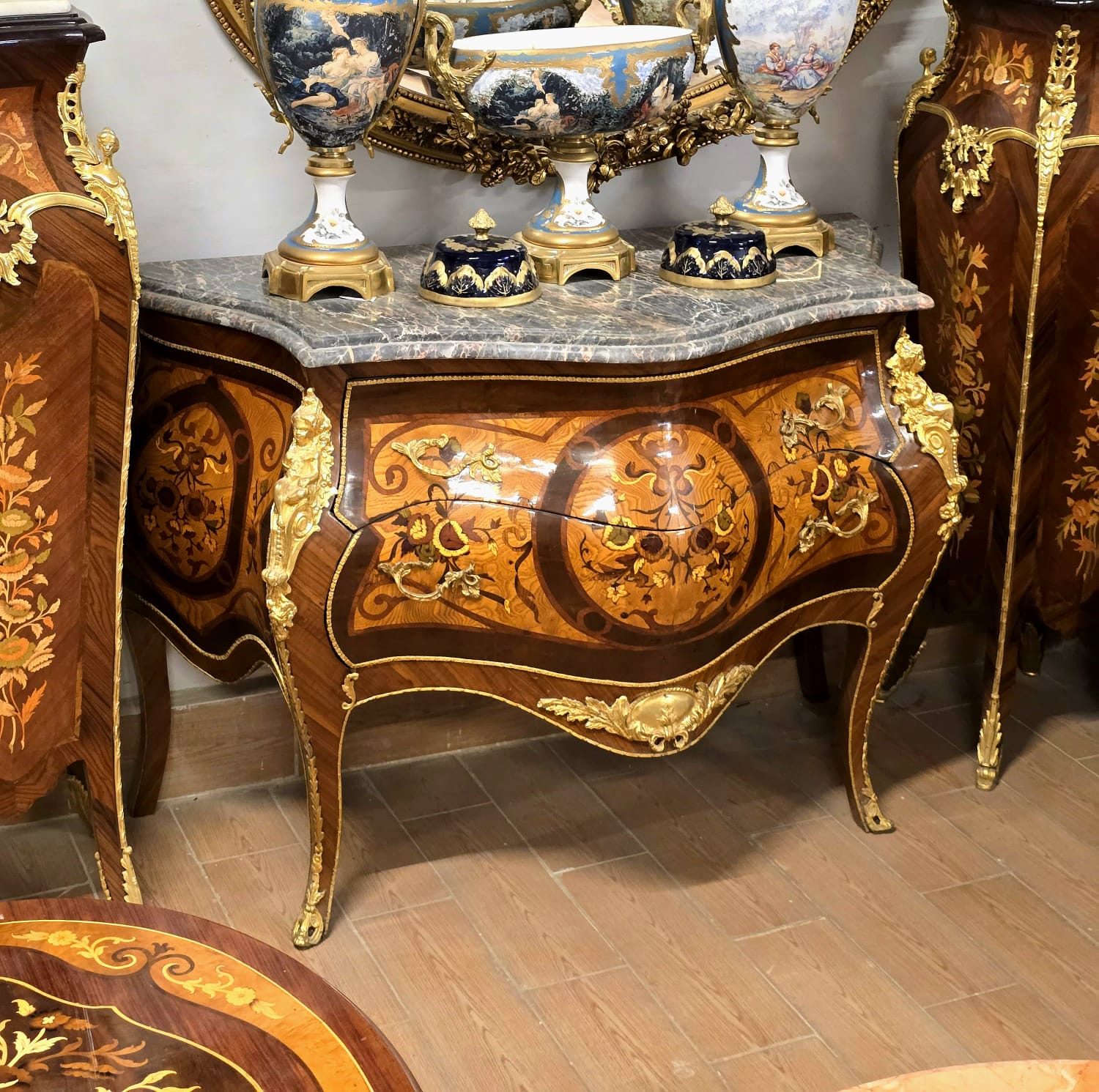 French Louis XV Commode with Floral Marquetry, Marble Top & Ornate Gilt Bronze Mounts