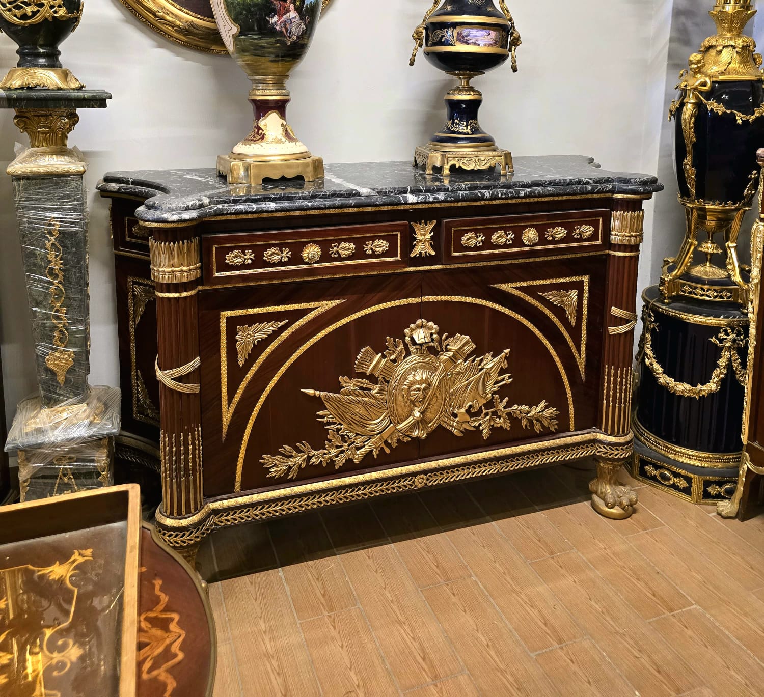 Grand French Louis XV Sideboard with Marble Top, Gilded Bronze Mounts & Gold Leaf