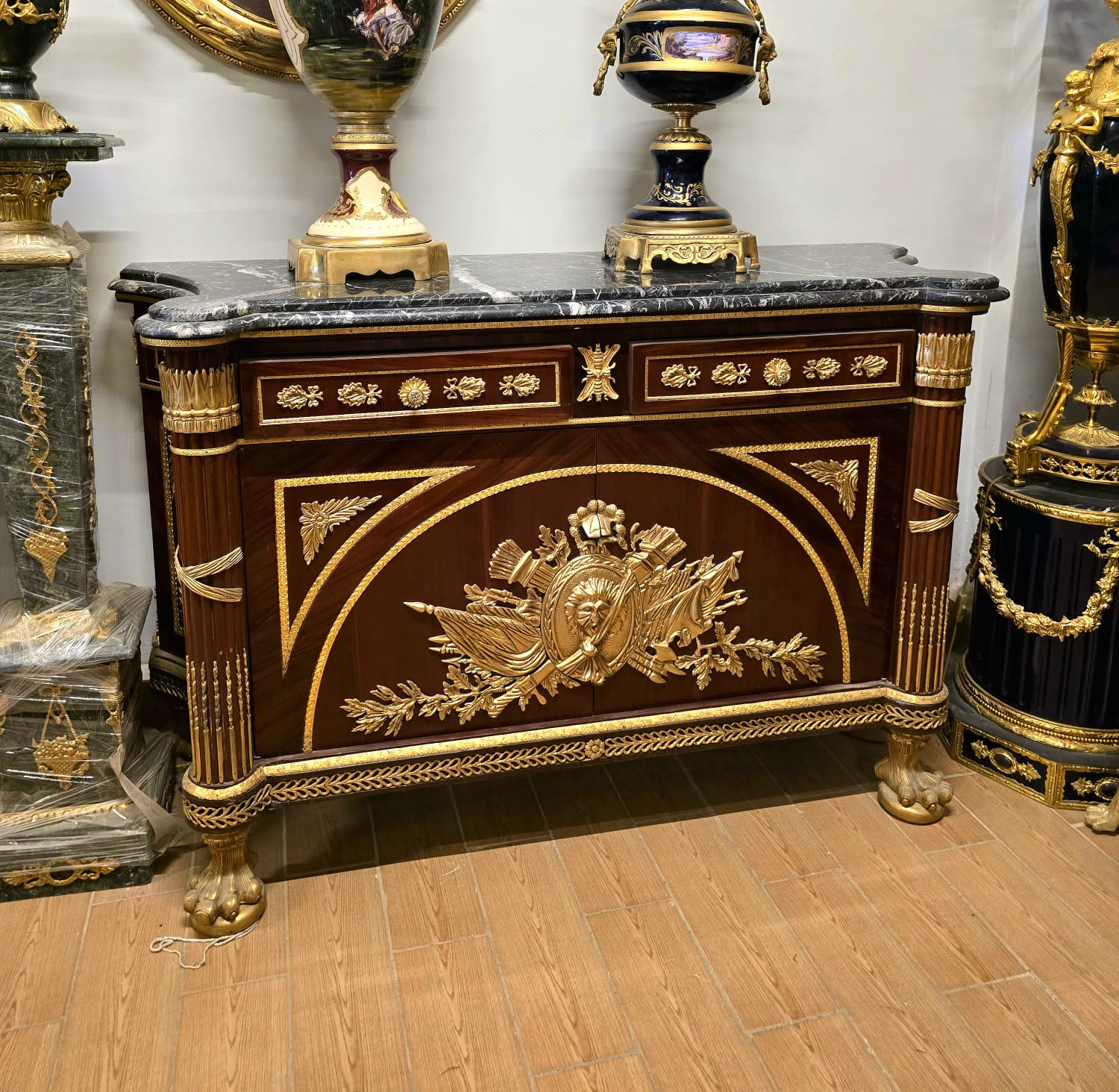 Grand French Louis XV Sideboard with Marble Top, Gilded Bronze Mounts & Gold Leaf