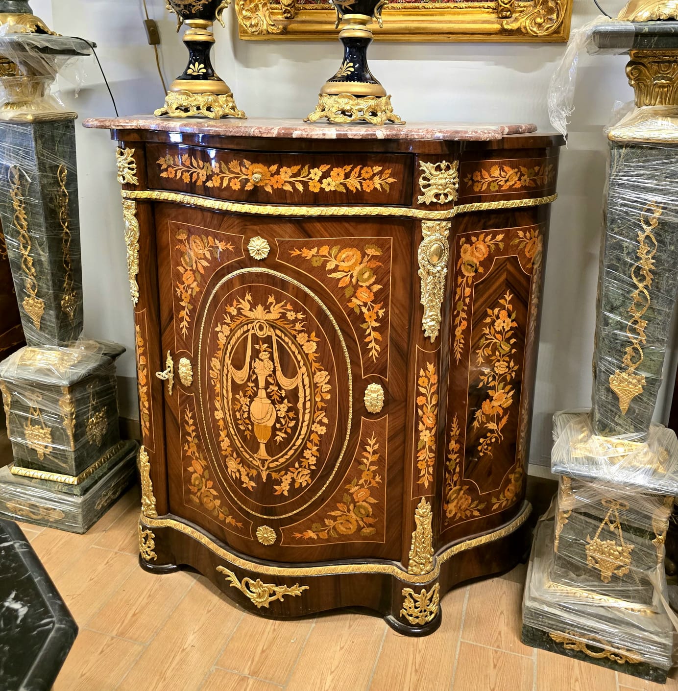 Exquisite French Accent Cabinet with Floral Marquetry, Marble Top & Bronze Mounts