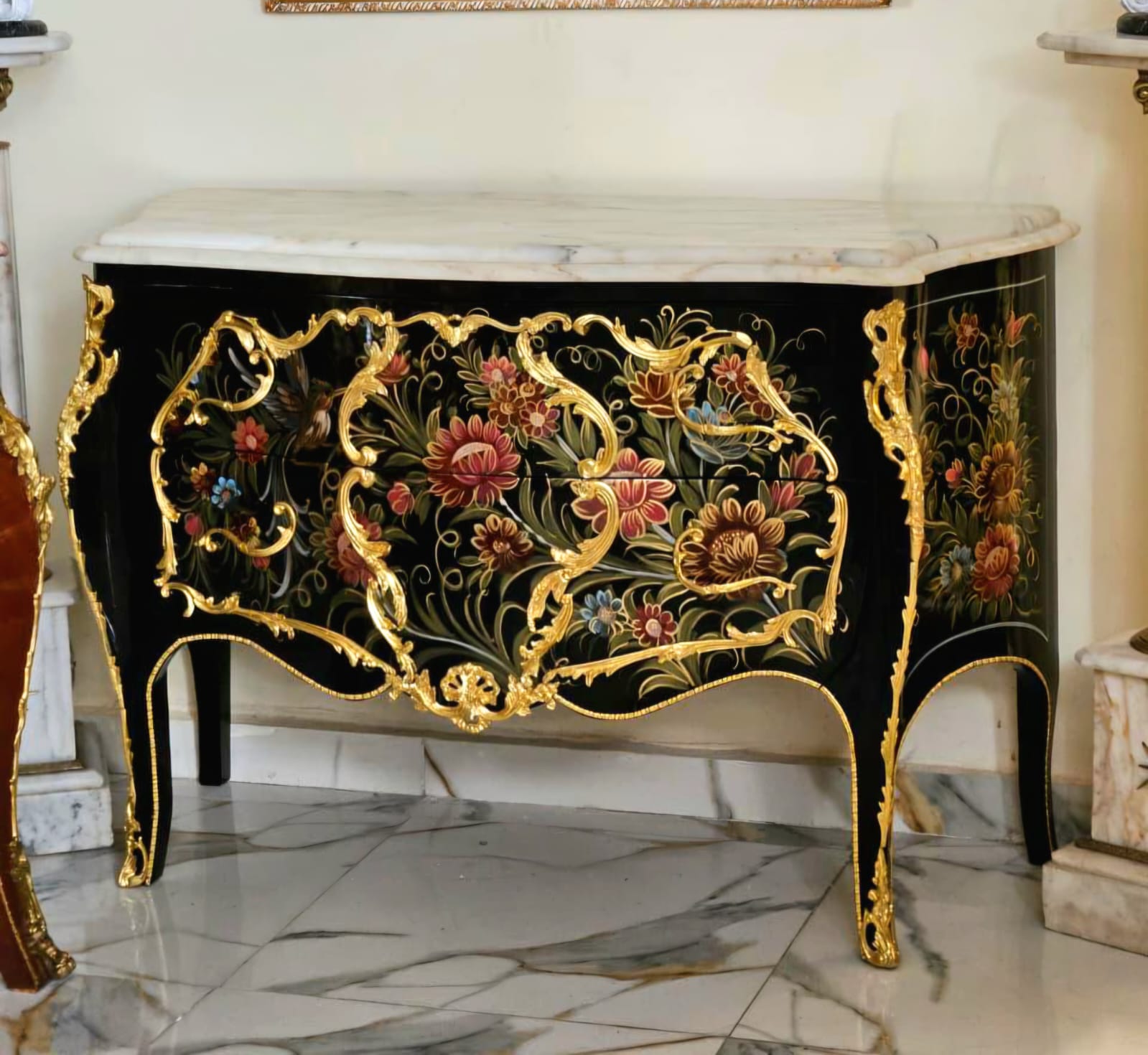 French Louis XV Floral Bombe Chest – Ornate Marble Top Dresser with Gilded Gold Leaf Details
