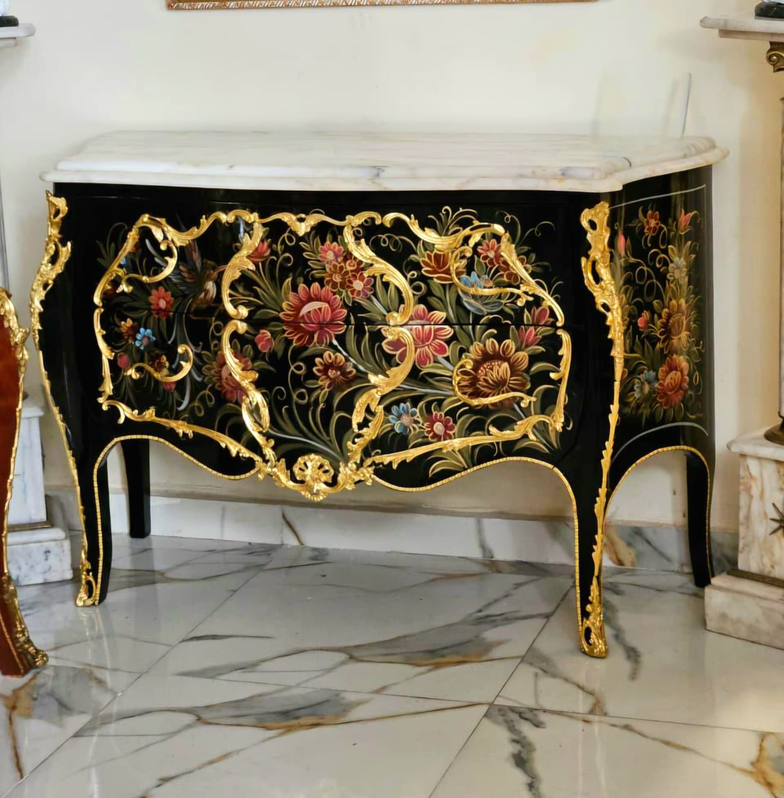French Louis XV Floral Bombe Chest – Ornate Marble Top Dresser with Gilded Gold Leaf Details