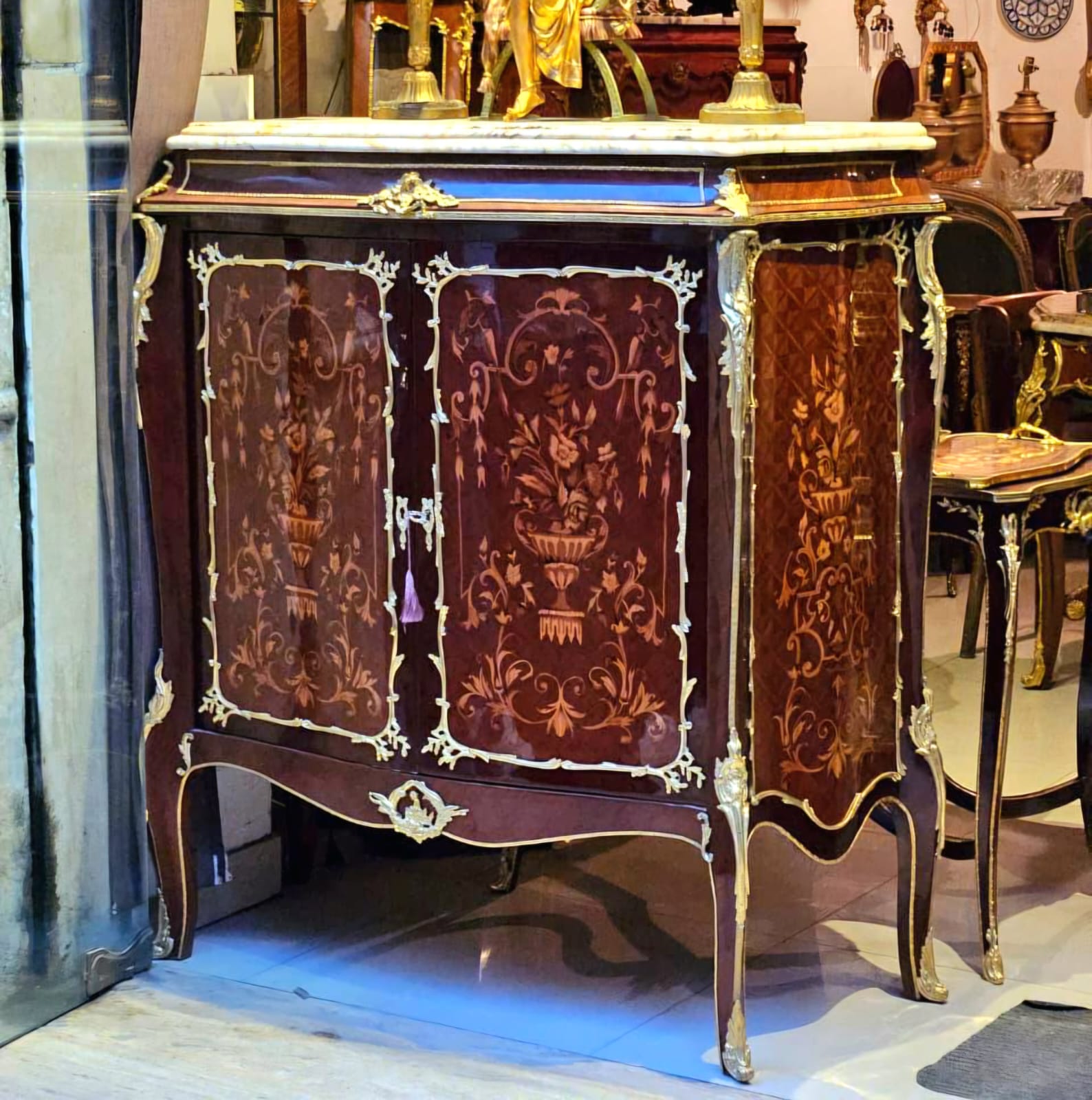 French Louis XV Cabinet – Floral Marquetry with Marble Top & Hand-Applied Gold Leaf Details