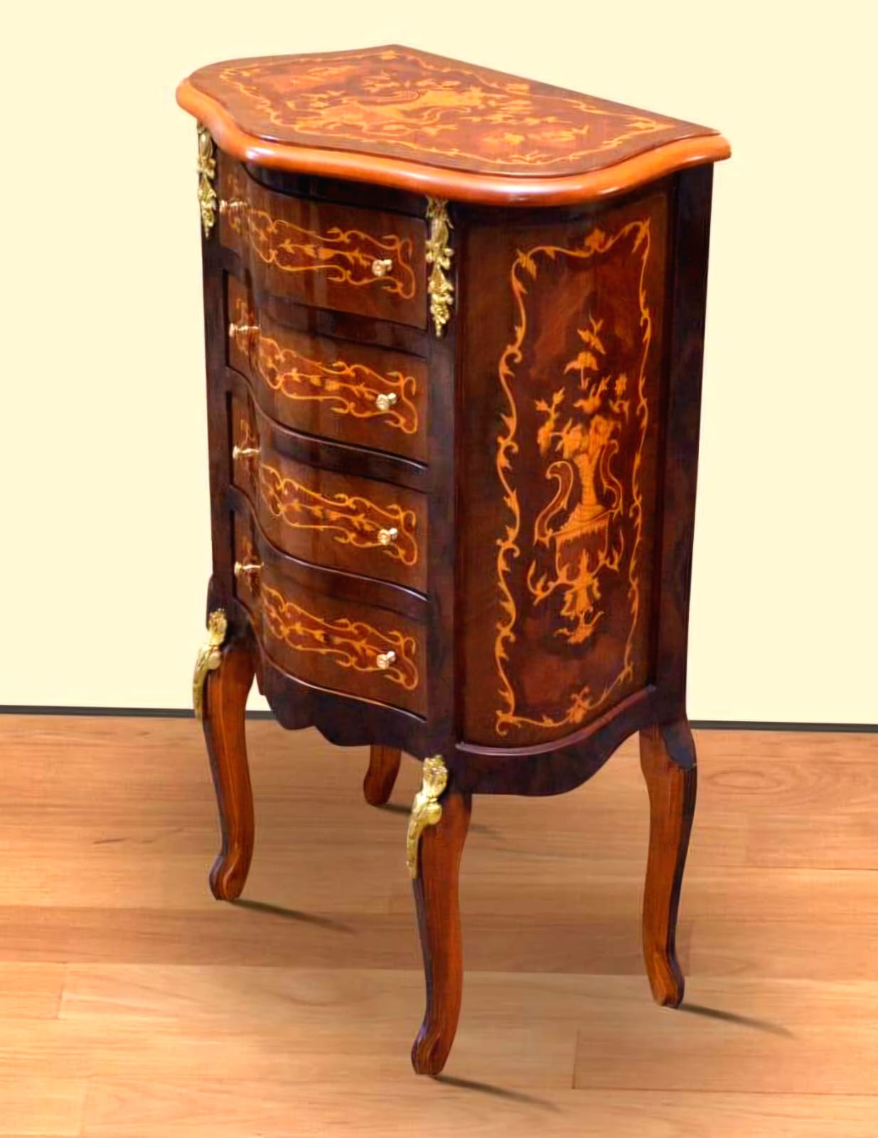 French Louis XV Petite Commode – 4-Drawer Bombe Chest with Marquetry & Gold Leaf Details