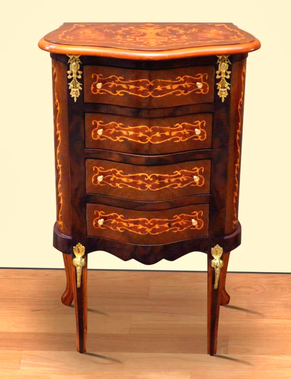 French Louis XV Petite Commode – 4-Drawer Bombe Chest with Marquetry & Gold Leaf Details