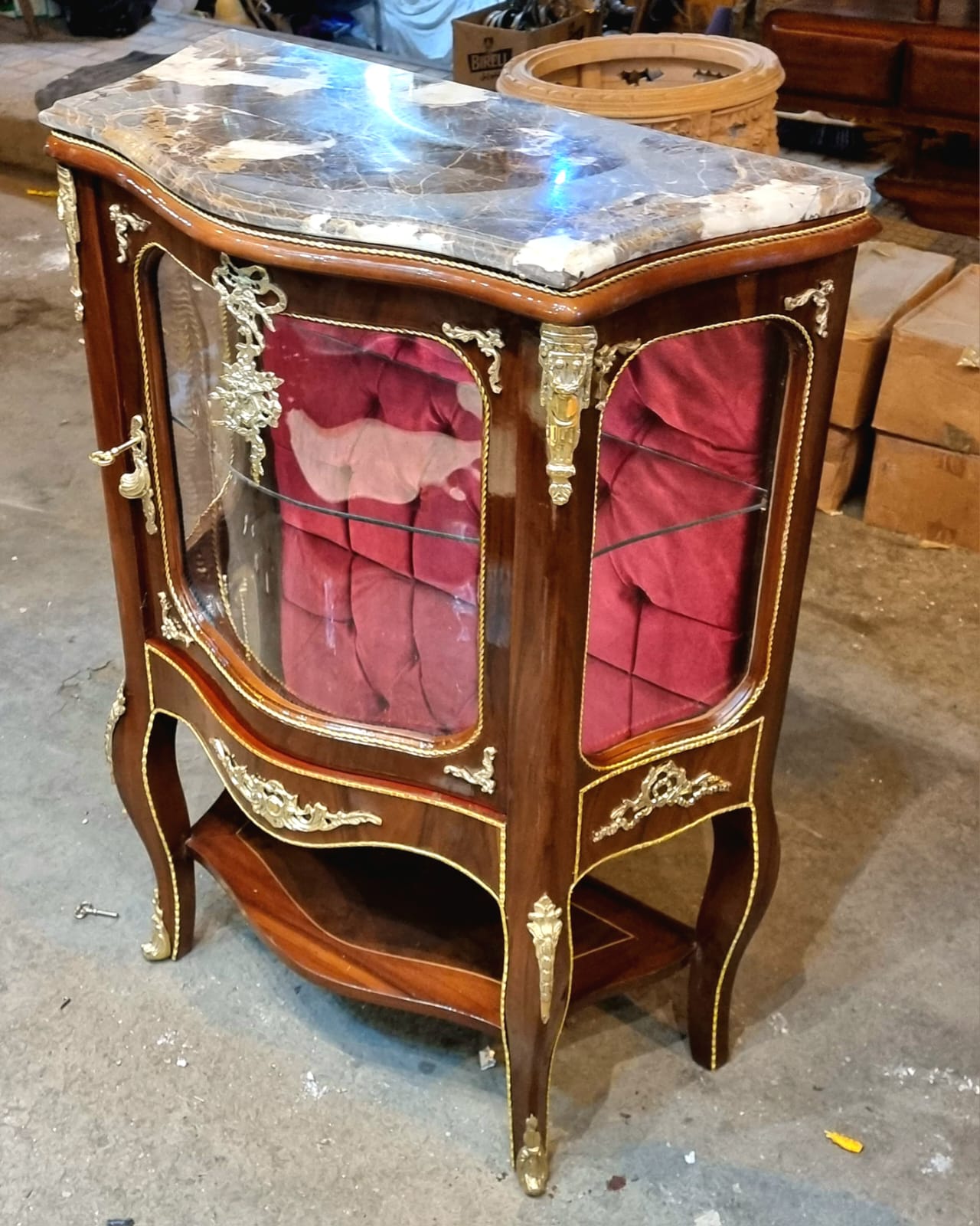 French Louis XV Display Cabinet – Marble Top Vitrine with Gold Leaf Details & Burgundy Velvet Interior