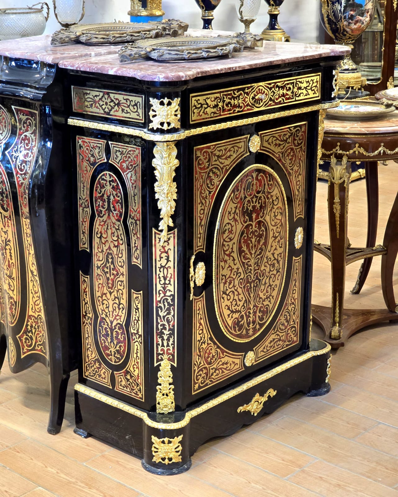 Grand Gothic Revival Display Cabinet – Ornate Black Finish with Marble Top & Gilded Gold Leaf Details