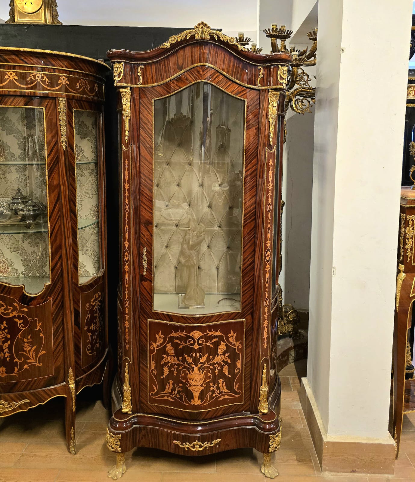 Grand French Louis XV Vitrine Cabinet – Ornate Solid Wood Display Case with Gilded Details