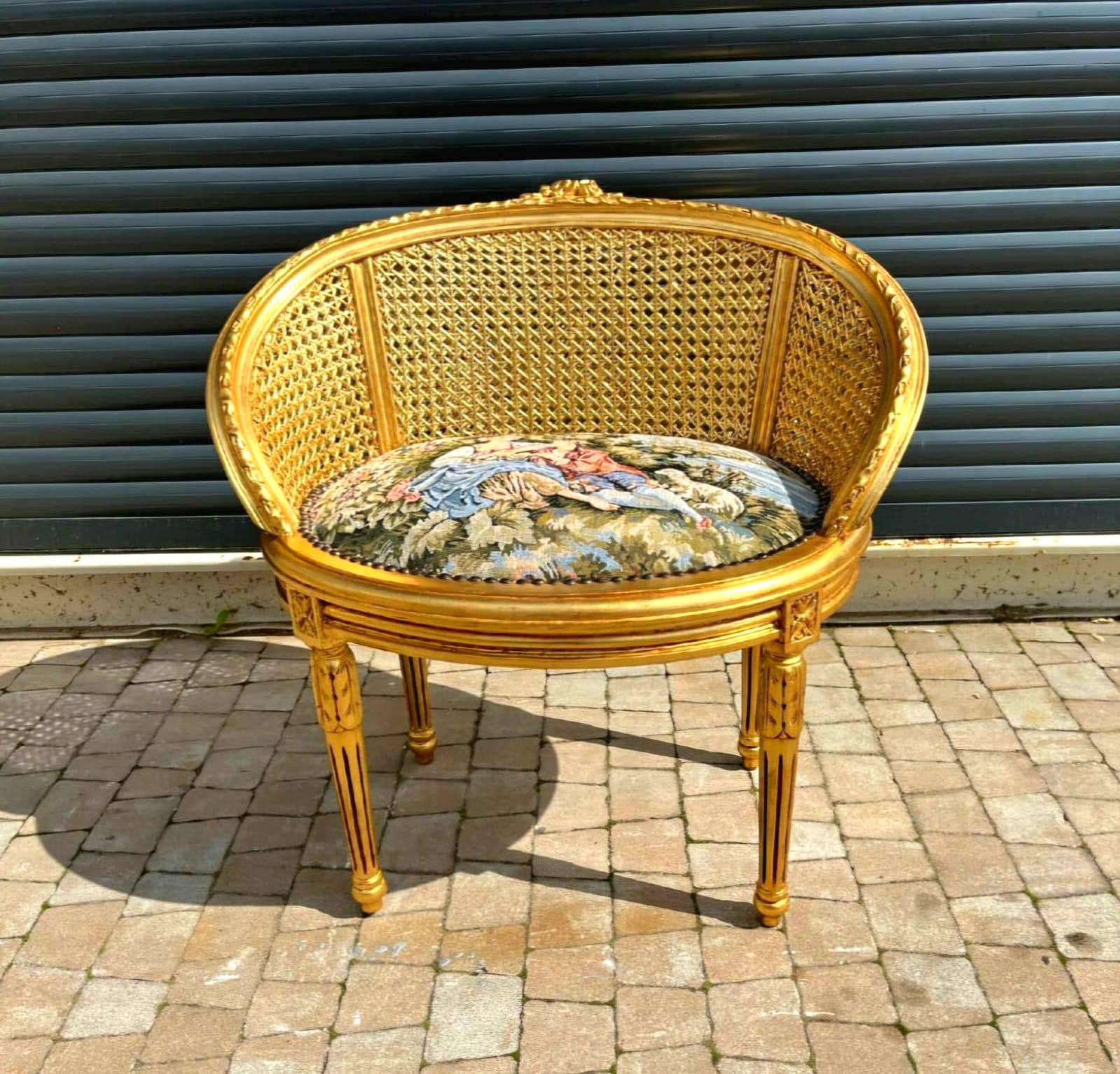 French Louis XVI Style Petite Bench – Floral Damask Upholstery with Gold Leaf Frame