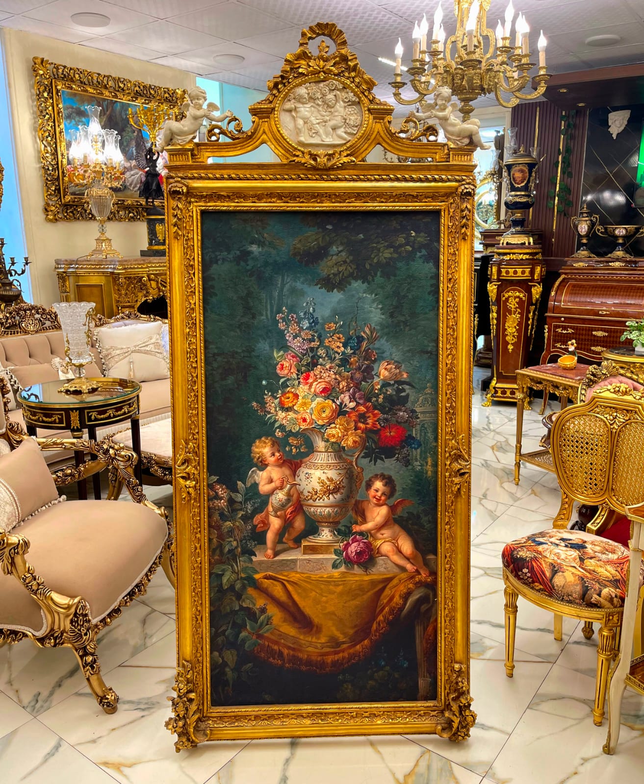Grand French Rococo Floral Panel – Ornate Gold Leaf Frame with Cherub & Garden Scene