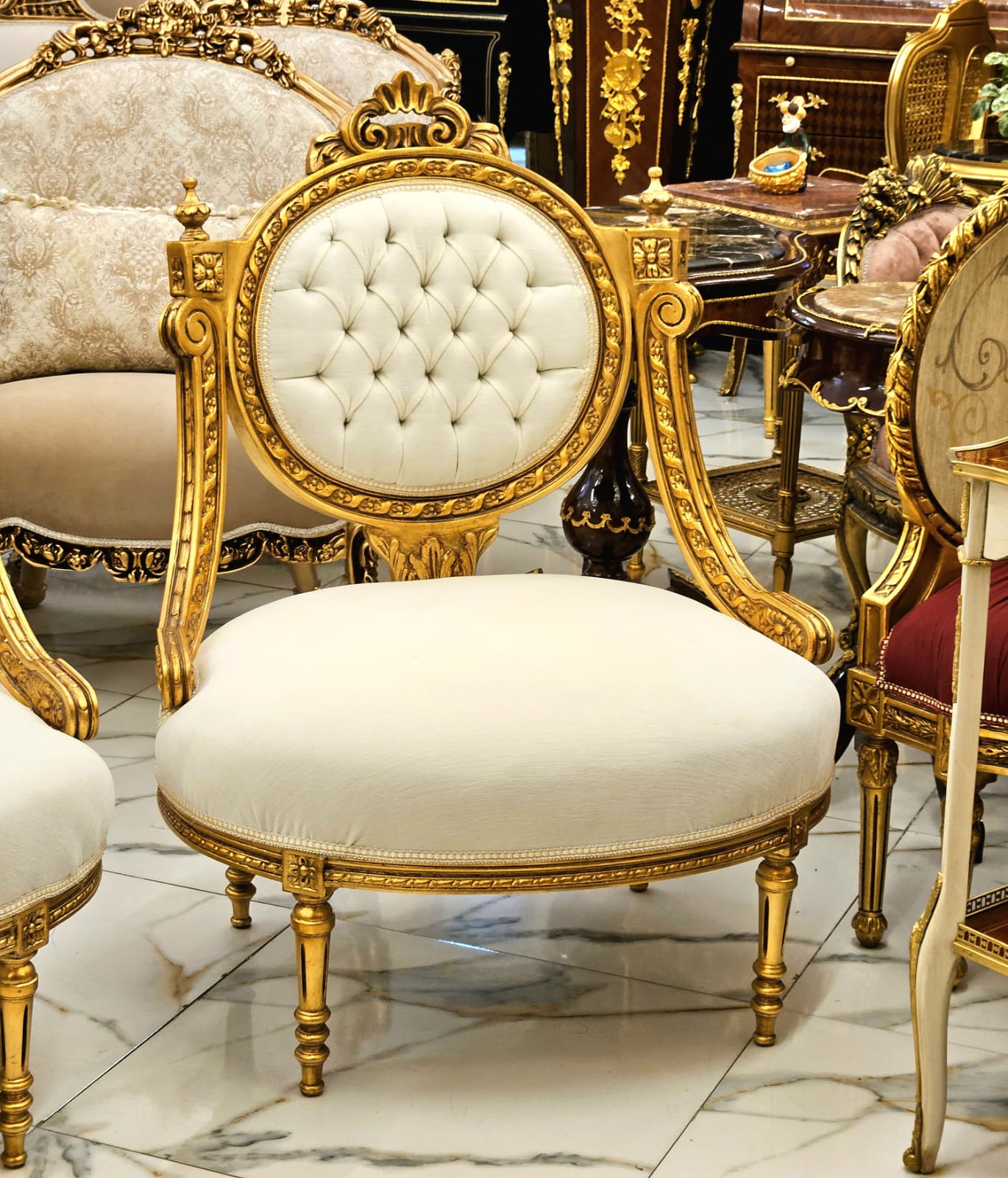 French Louis XVI Style Armchair – Cream Velvet Tufted Chair with Gold Leaf Frame