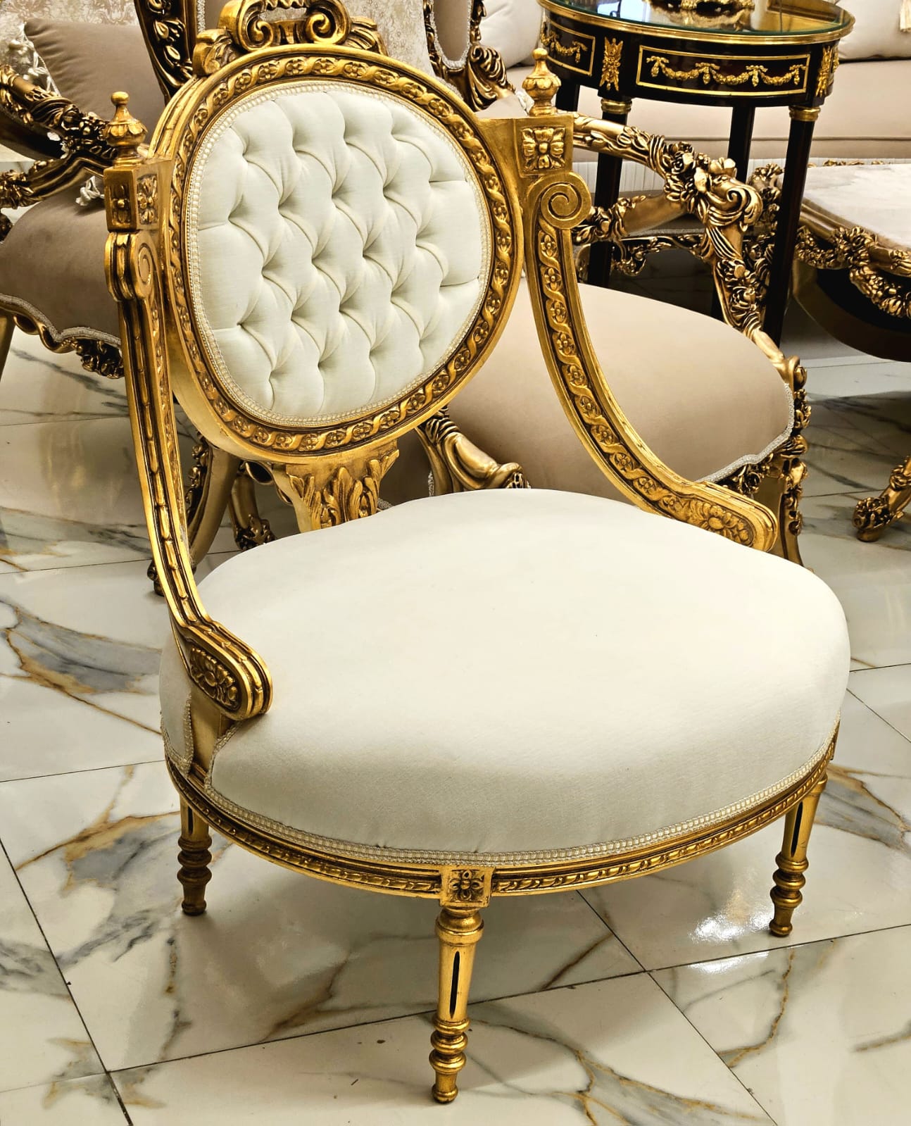 French Louis XVI Style Armchair – Cream Velvet Tufted Chair with Gold Leaf Frame