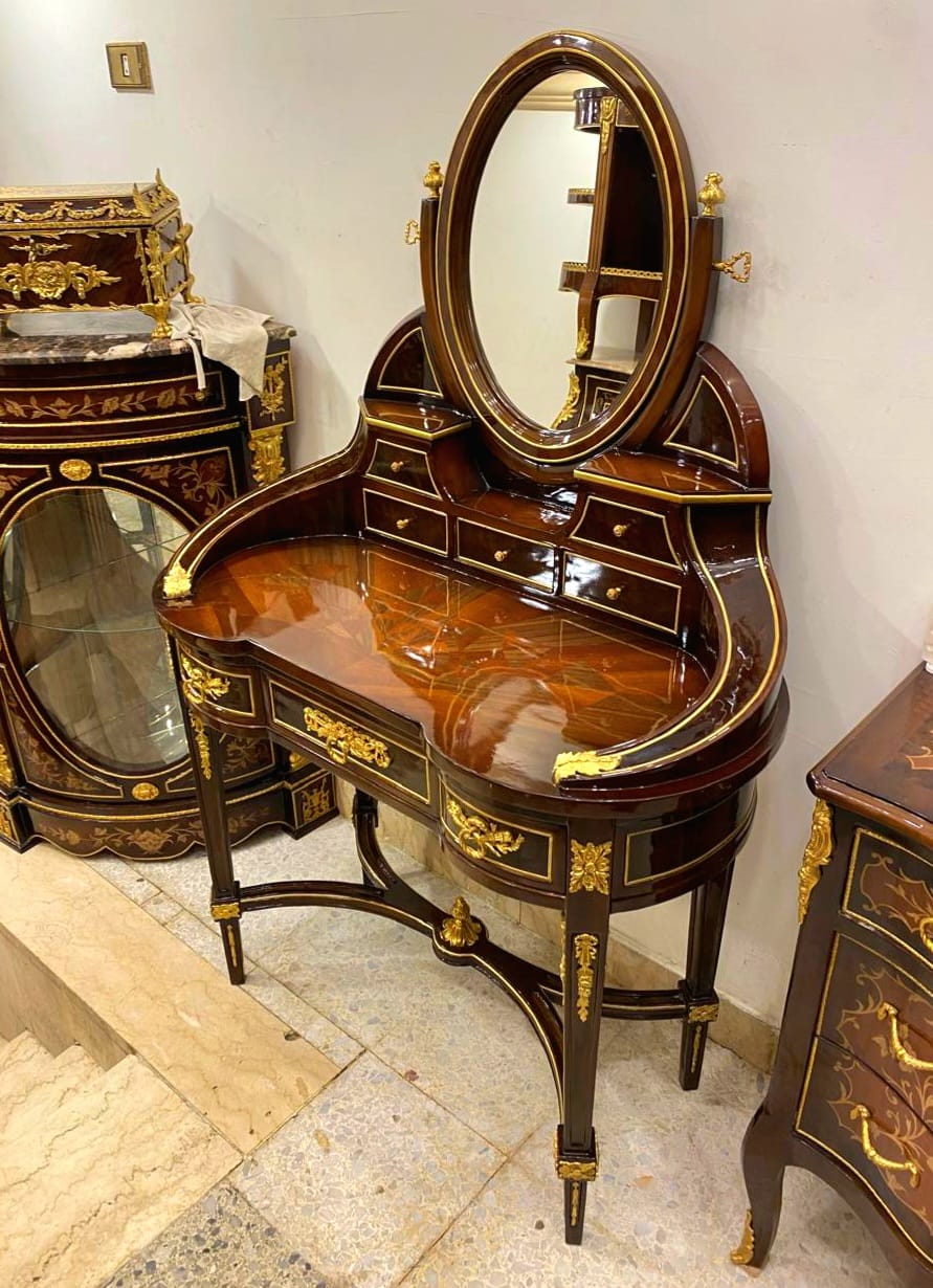 French Louis XV Vanity Desk with Oval Mirror – Heavy Wood Writing Desk with Gold Leaf Details