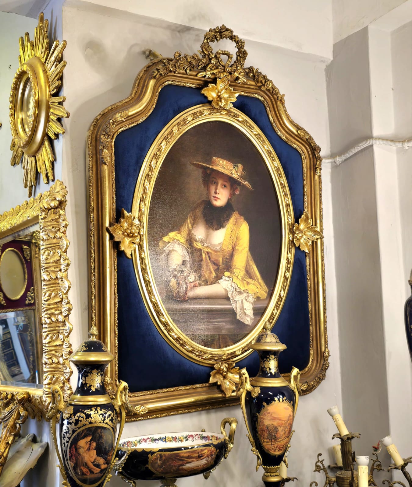 French Baroque Portrait – Elegant Lady with Hat, Gold Leaf Frame & Blue Velvet Details