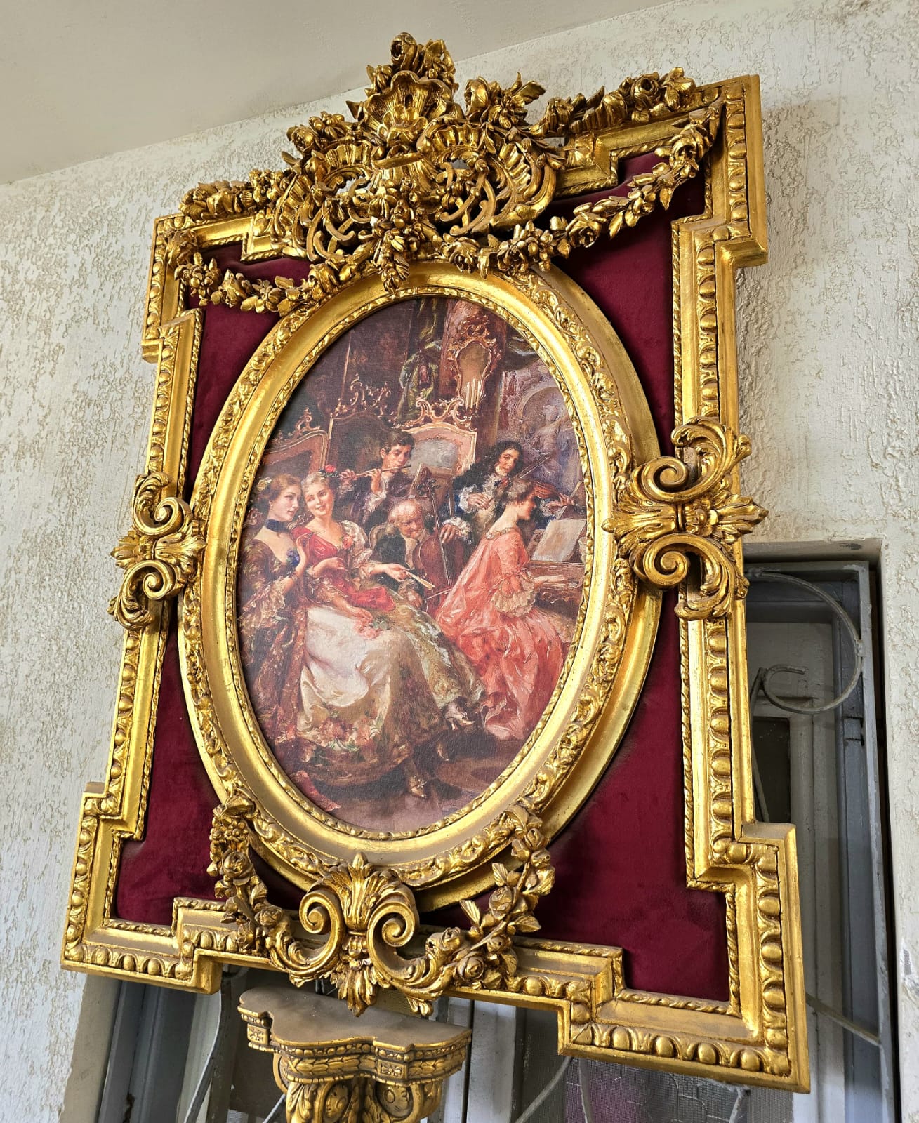 French Baroque Wall Art with Gold Leaf Frame & Burgundy Velvet – Victorian Musical Scene