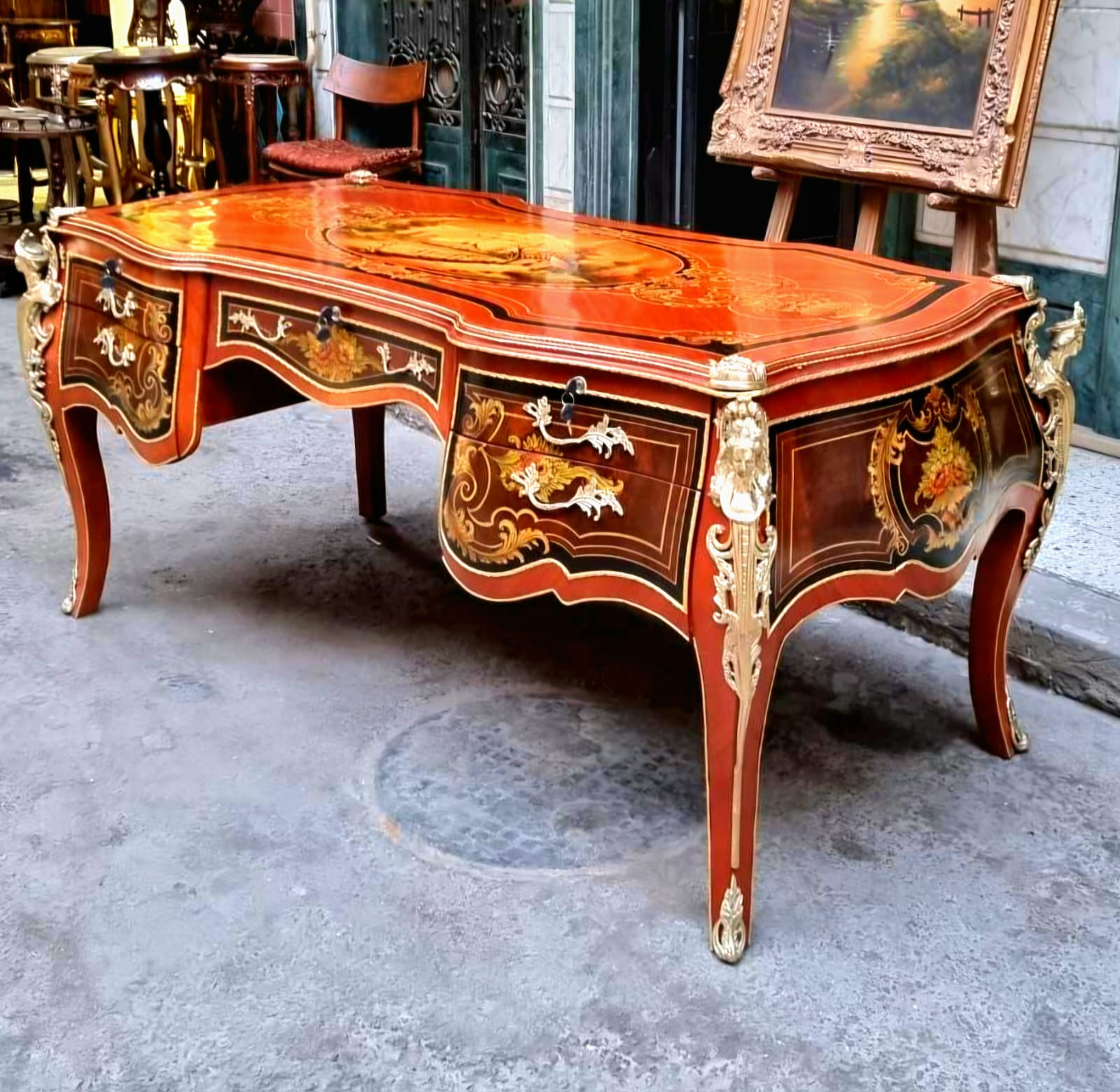 French Rococo Executive Desk – Ornate Wood Desk with 5 Drawers, Gold Leaf & Bronze Details