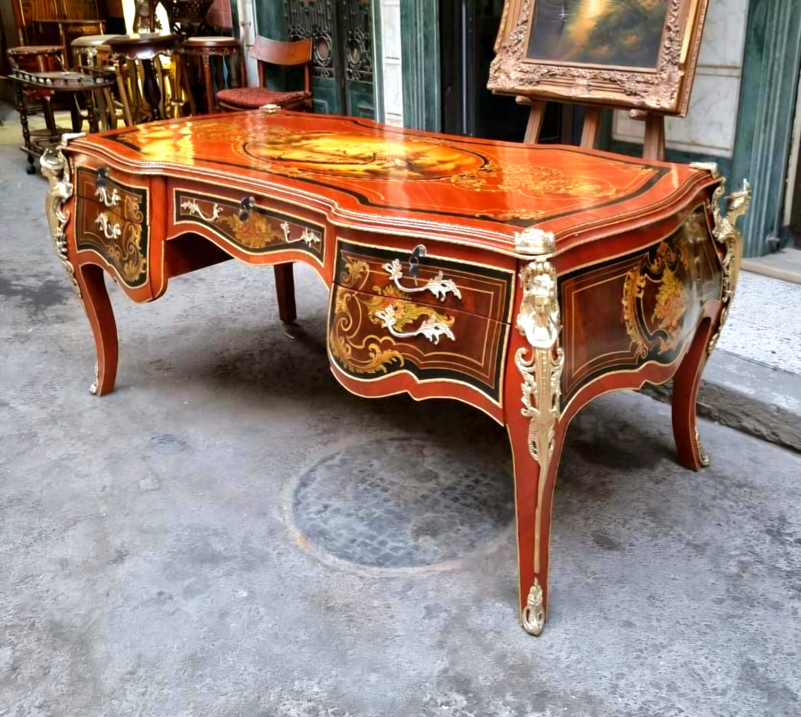 French Rococo Executive Desk – Ornate Wood Desk with 5 Drawers, Gold Leaf & Bronze Details