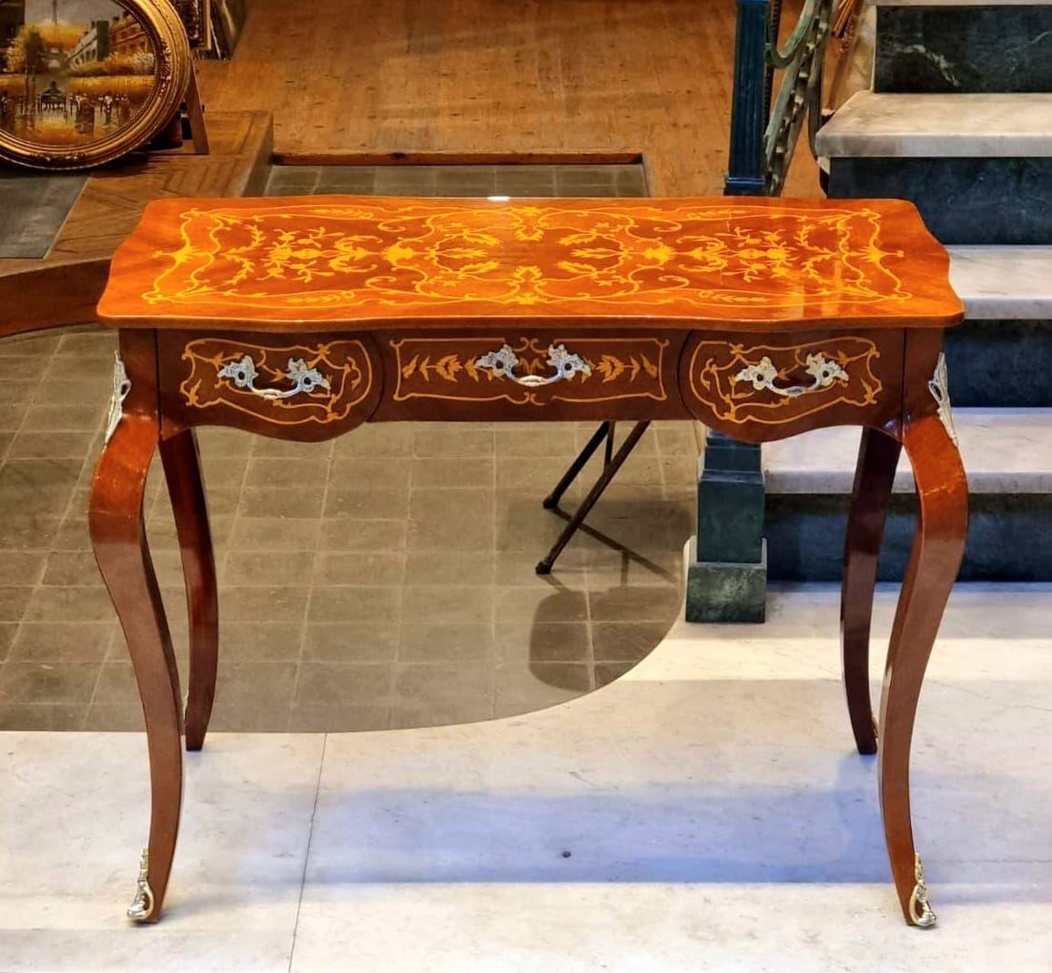 Elegant French Writing Desk – Ornate Brown Wood with Gold Leaf Details