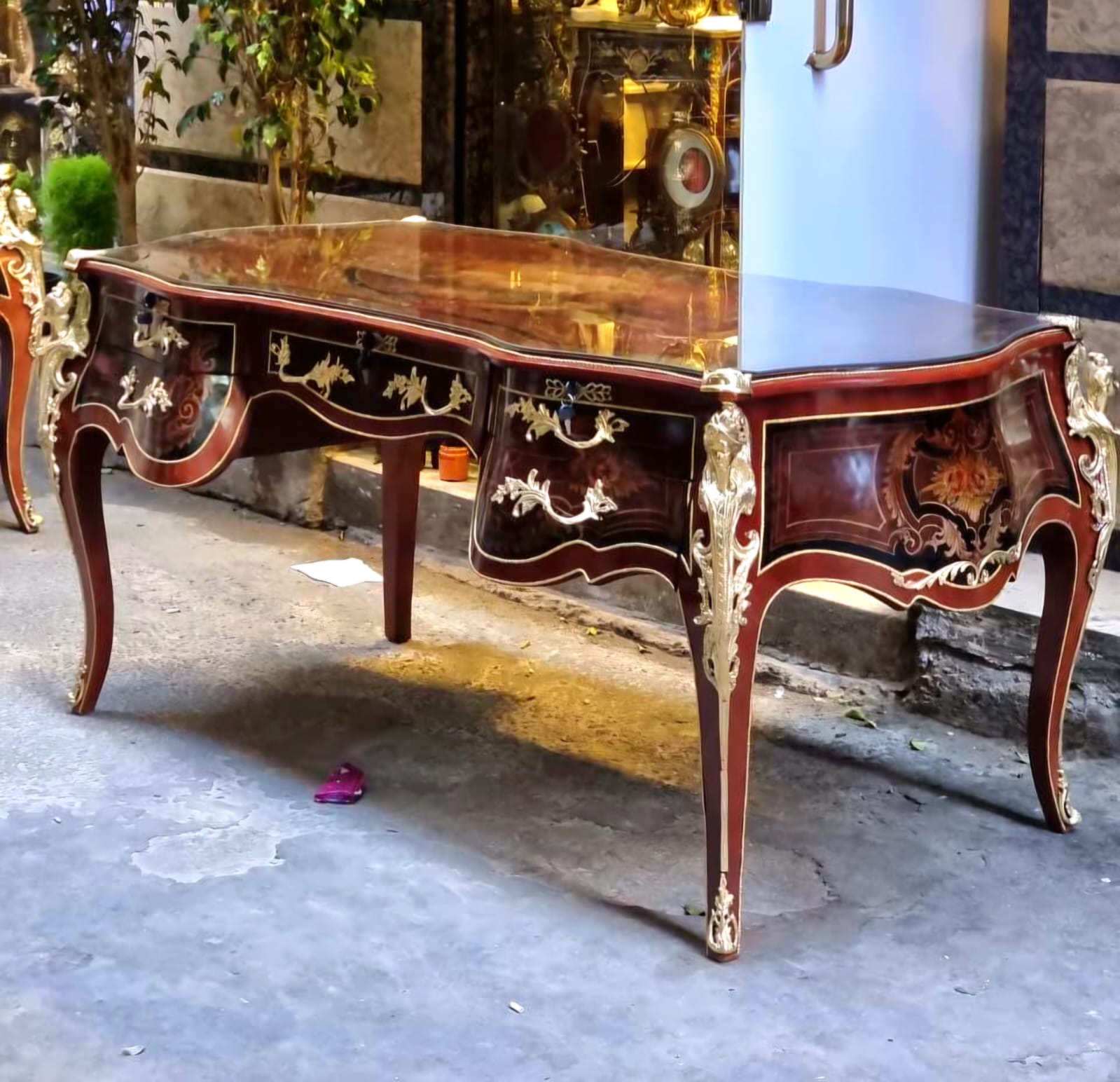 French Rococo Executive Desk – Large Brown Desk with Glass Top, 5 Drawers, Gold Leaf & Bronze Details