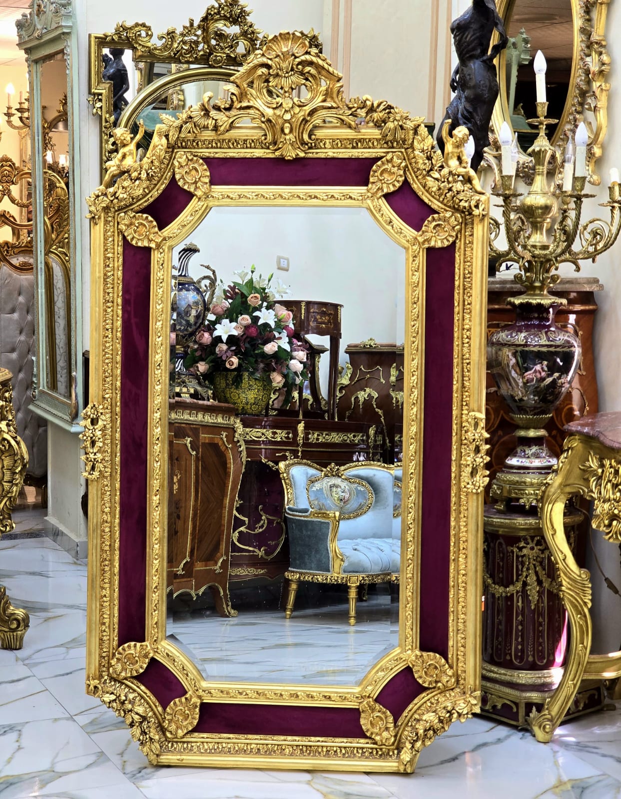 French Baroque Gold Leaf Wall Mirror – Burgundy Velvet Frame with Ornate Floral Details