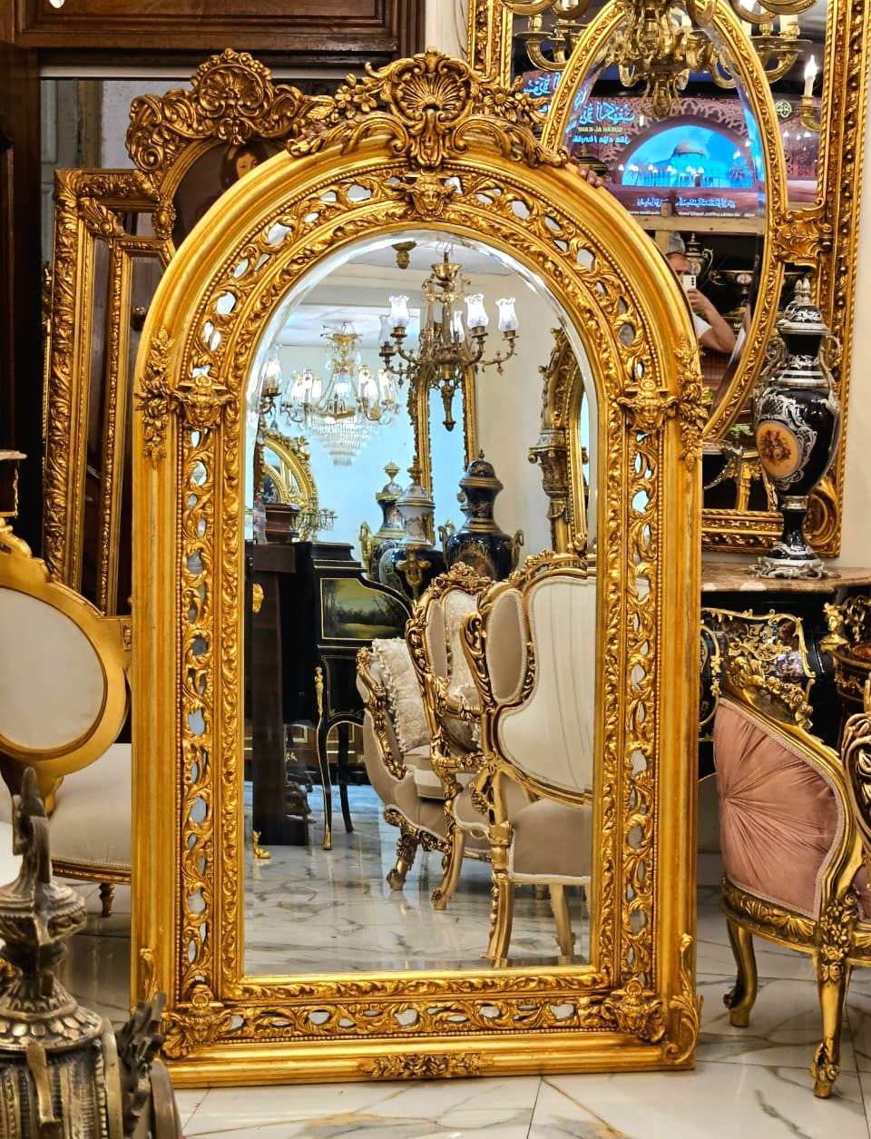 Grand French Baroque Wall Mirror – Ornate Gold Leaf Frame with Cherubs & Shell Details