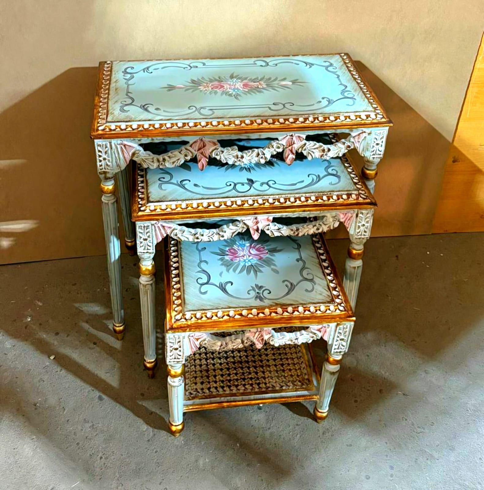 Elegant French Nesting Tables – Set of 3 Blue Side Tables with Glass Tops & Gold Leaf