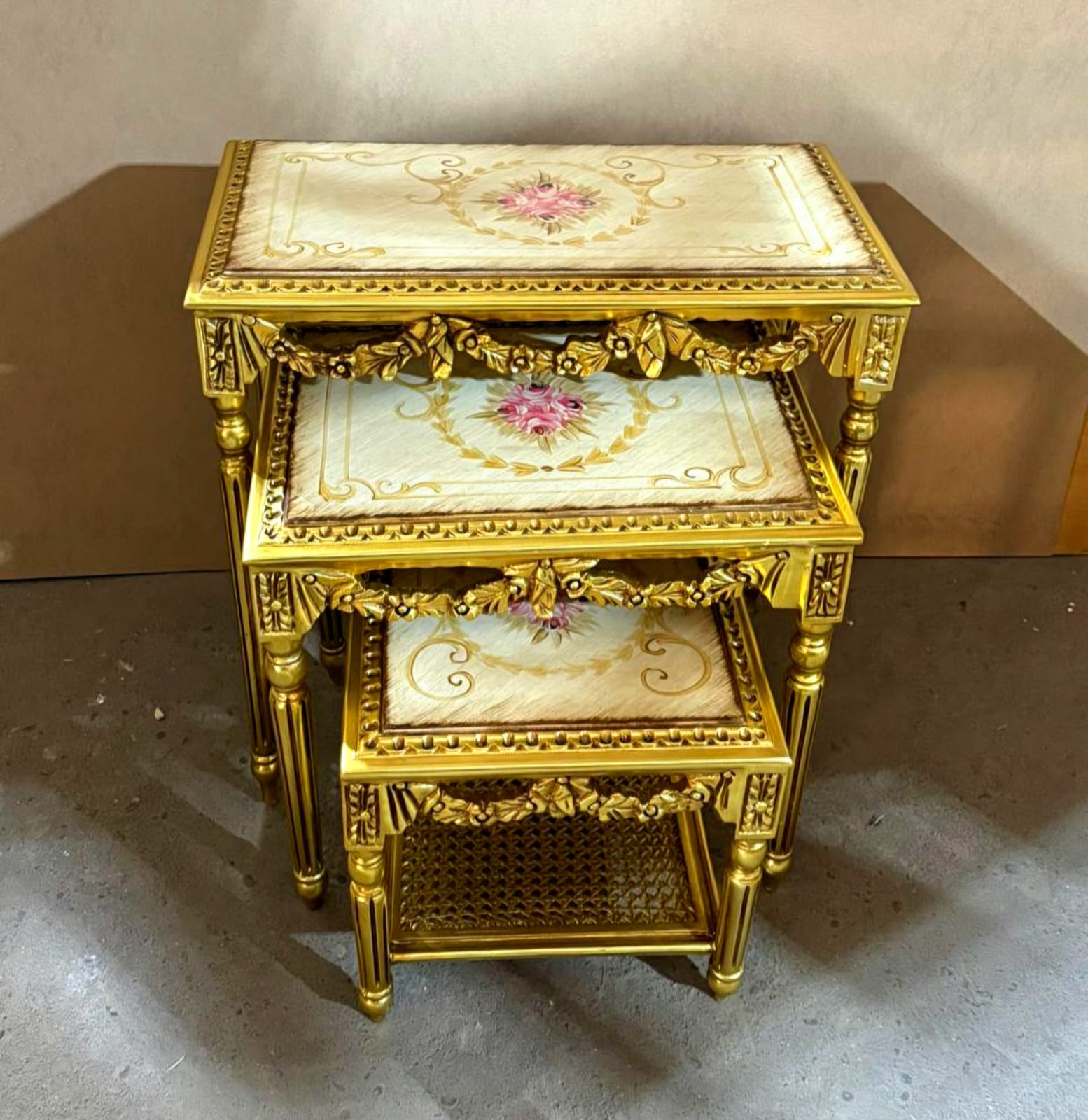 French Style Nesting Tables – Set of 3 with Glass Tops, Gold Frames & Floral Center Detail