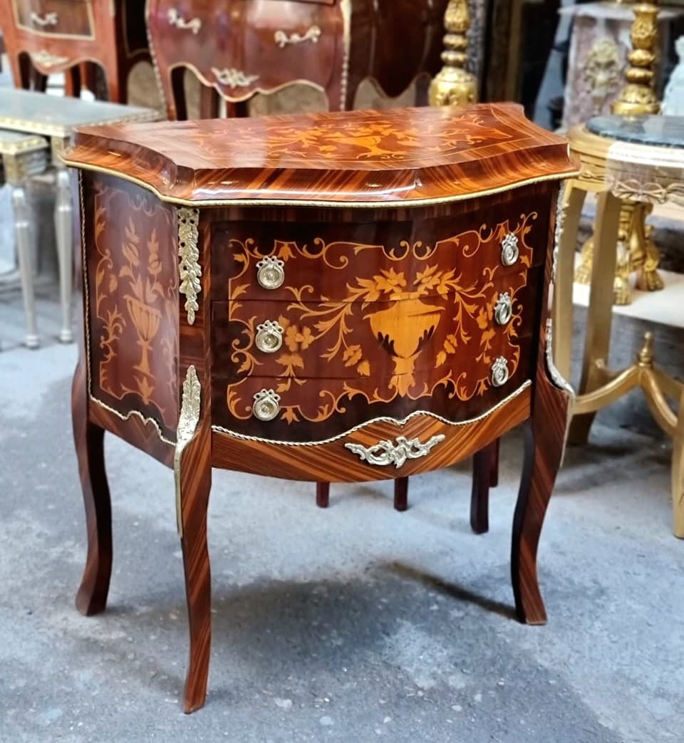 French Louis XV Bedside Table – Elegant Marquetry Nightstand with Three Drawers