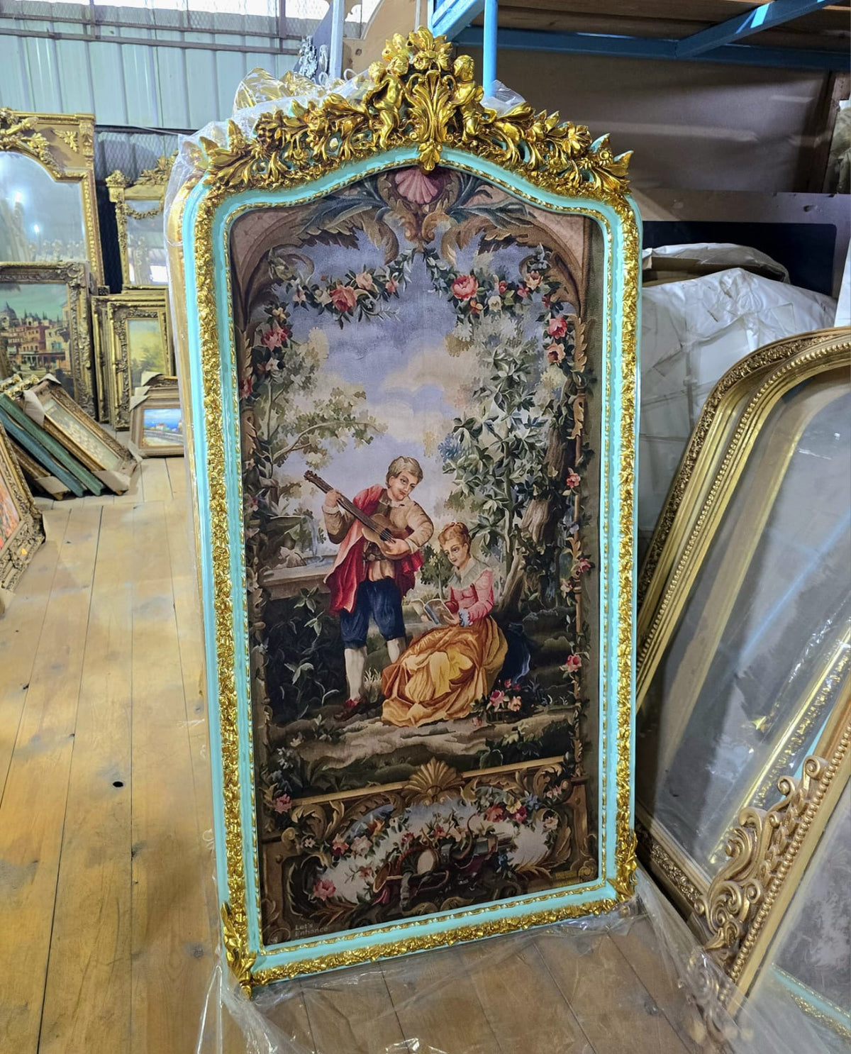 French Romantic Wall Art – Green & Gold Leaf Frame with Musical Couple Scene