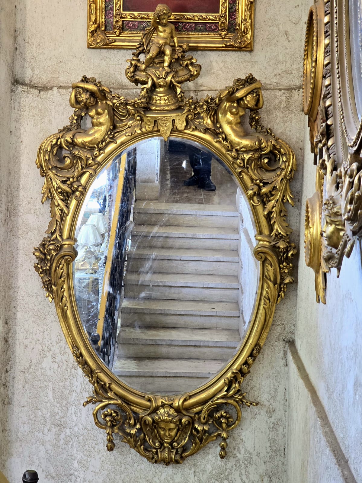 French Rococo Gold Leaf Mirror – Ornate Oval Frame with Cherub & Mermaid Figures