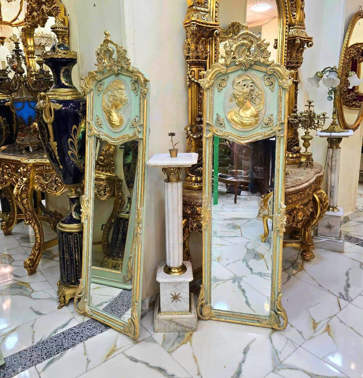 French Rococo Green Wall Mirror – Gold Leaf Frame with Woman Portrait Medallion