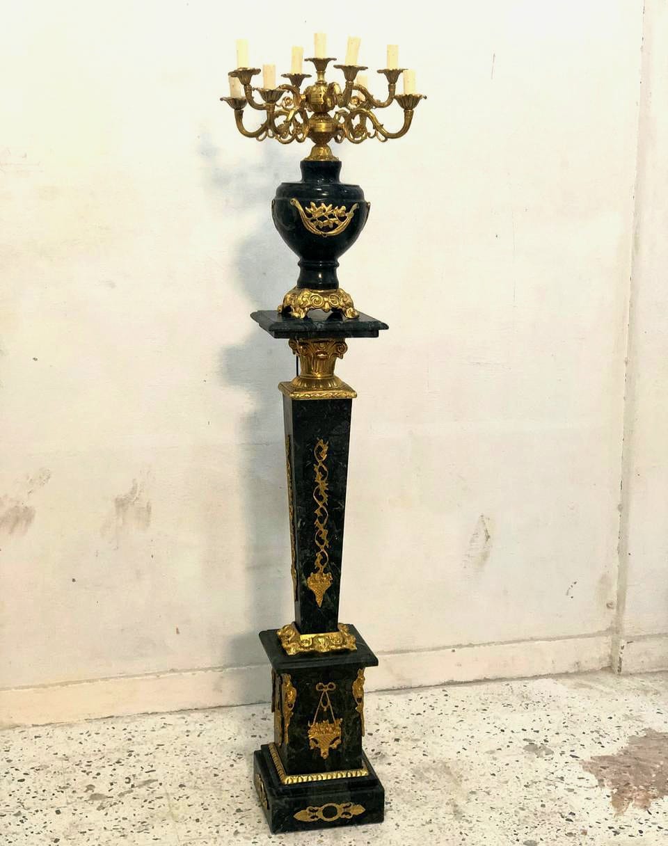French Black Pedestal with Candelabra-Style Porcelain Vase – Bronze & Gold Leaf Details