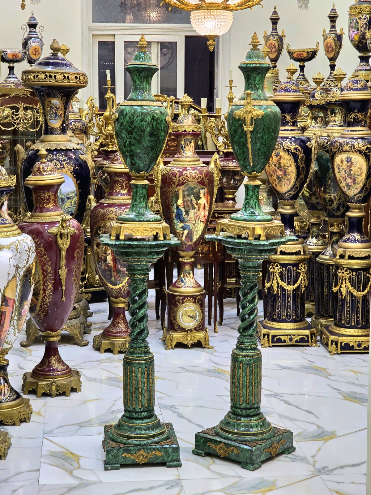 French Empire Malachite-Inspired Decorative Accent on Twisted Pedestal with Gold Leaf Accents