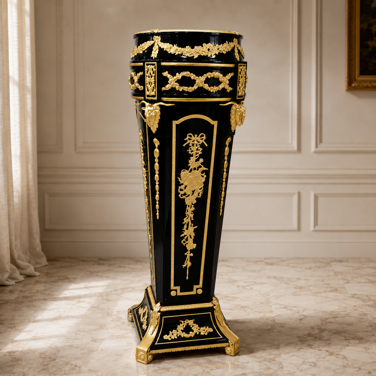 Ornate French Style Black Wood Pedestal – Gilt Bronze Accents with Marble Top
