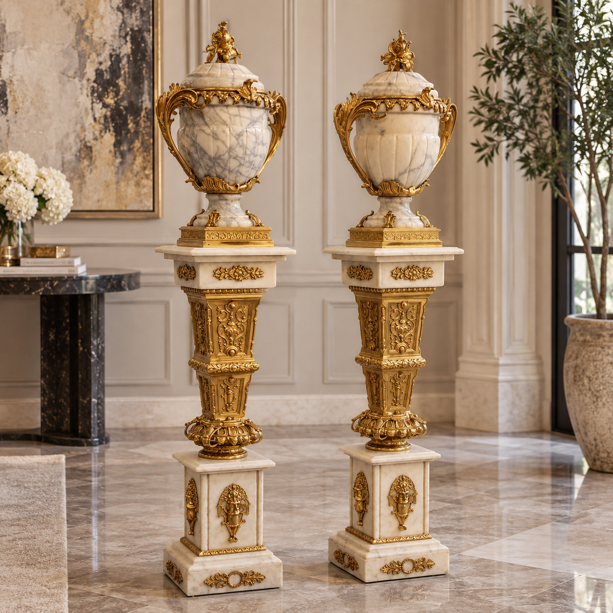 Luxury French-Style Vase & Pedestal Set – White Marble, Gilded Bronze & Gold Leaf Details