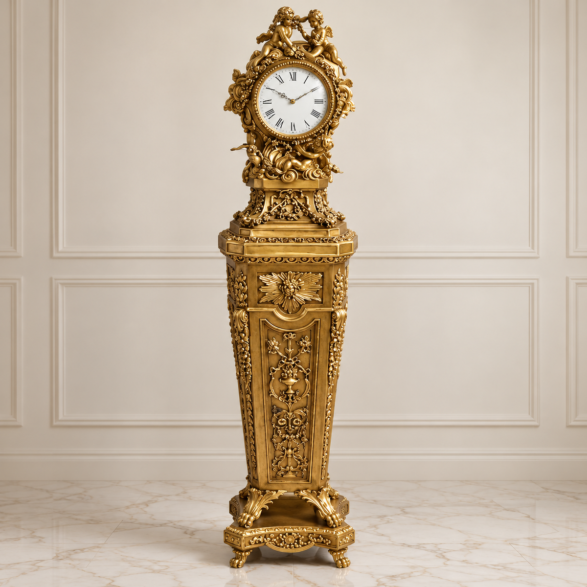 Grand French Louis XVI-Inspired Pedestal Clock – Ornate Gold Leaf Finish, Bronze Details & Sculpted Cherub Crest
