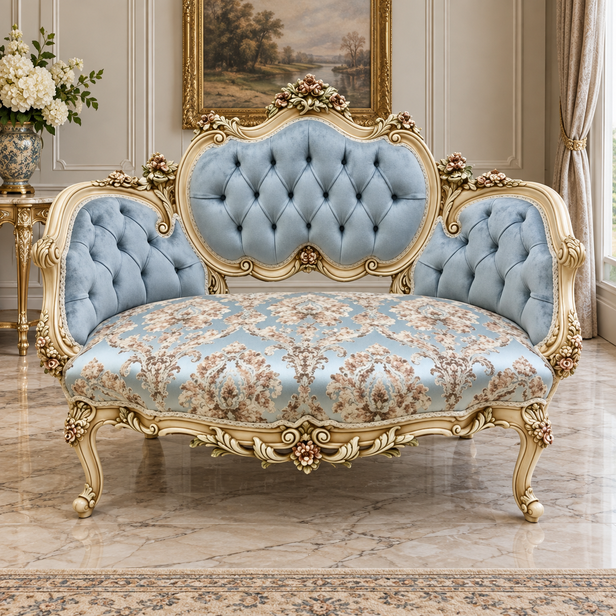 Luxury French Louis XV Style Settee – Sky Blue Damask Upholstery with Hand-Finished Gold Leaf Frame