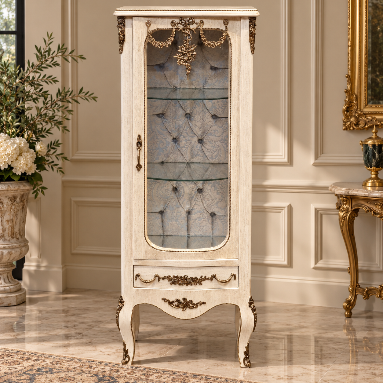 French Louis XV Style White Display Vitrine – Silver Leaf Details, Tufted Interior & Glass Shelves
