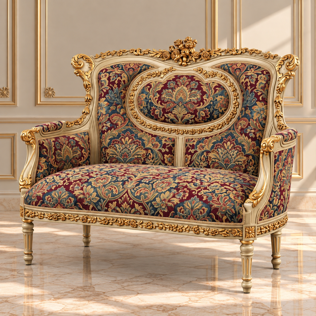 French-Style Damask Sofa – Ornate Gold Leaf Frame with Floral Carved Details