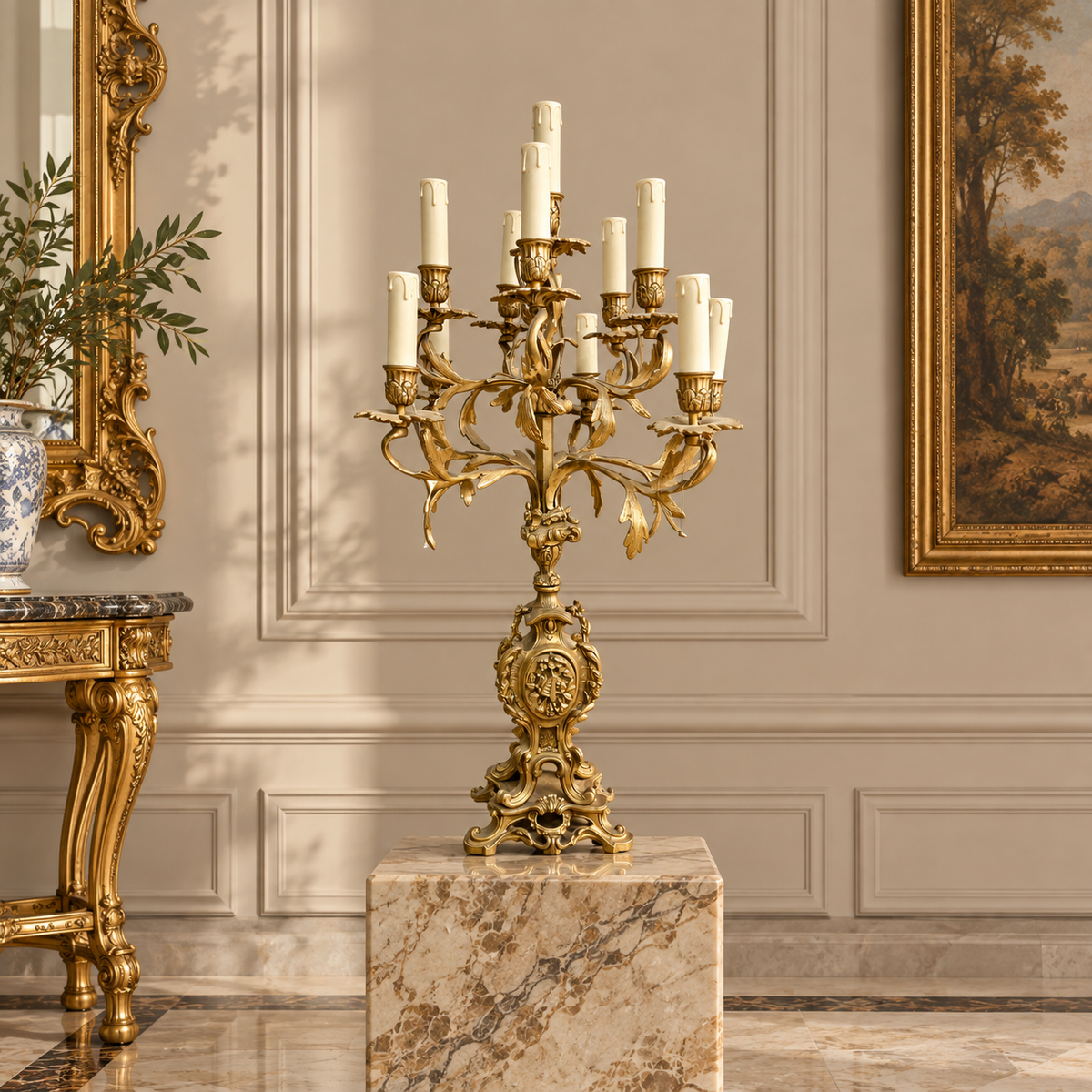 Grand French-Style Gilded Bronze Candelabra – Ornate Foliate Design with Multiple Candle-Style Lights