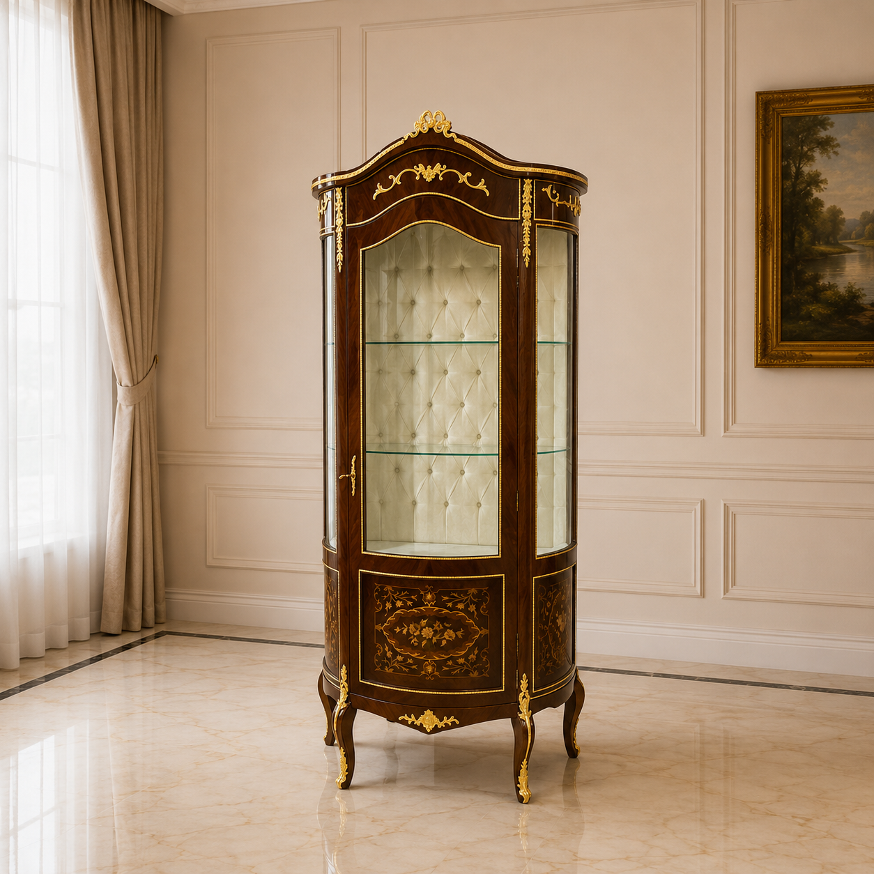 Luxury French Louis XV Vitrine Cabinet – Ornate Solid Wood Display Case with Gold Leaf Details