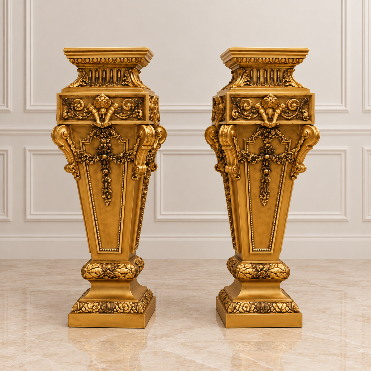 French Neoclassical Pedestal Stand – Ornate Gold Leaf Finish & Carved Decorative Details