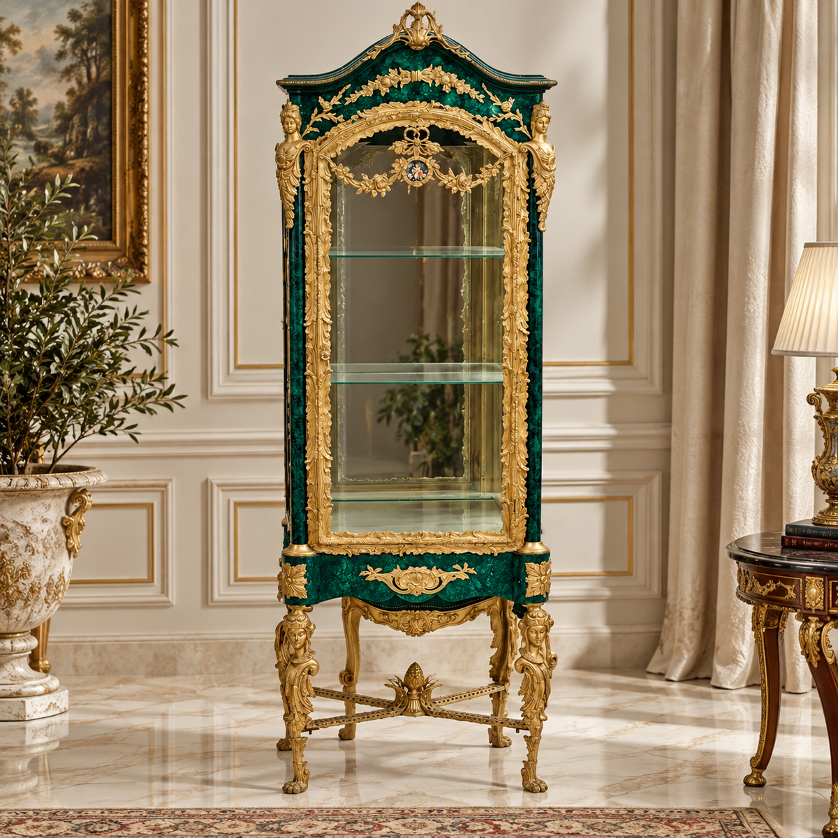 Grand Green French-Style Display Vitrine – Gold Leaf Ornamentation, Tufted Interior & Glass Shelving